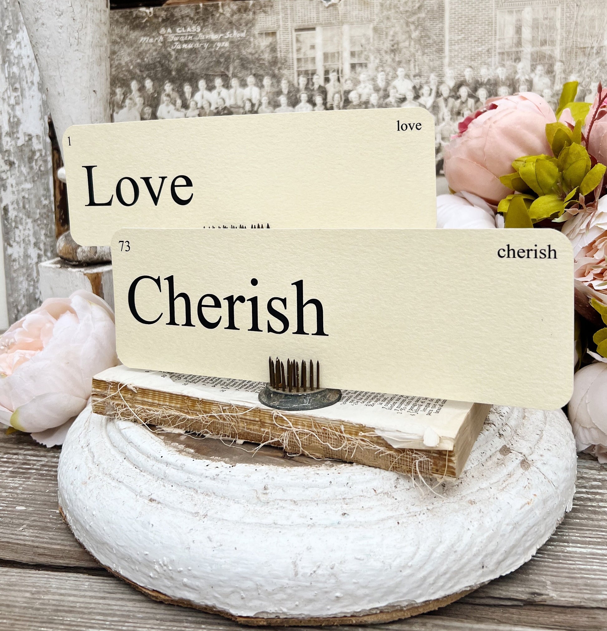 LOVE Flash Cards LARGE Vintage Inspired Word Flashcard SET Of 8 Farmhouse Decor Valentine Cherish Love