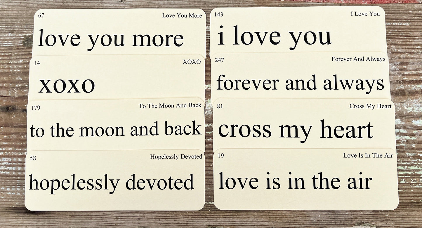 PHRASES of Love Flash Cards LARGE Vintage Inspired Word Flashcard SET Of 8 Farmhouse Decor Valentine Love You More xoxo