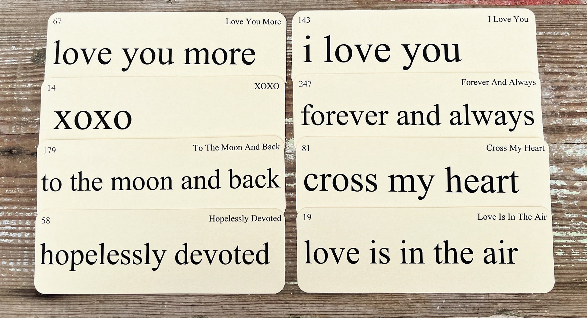 PHRASES of Love Flash Cards LARGE Vintage Inspired Word Flashcard SET Of 8 Farmhouse Decor Valentine Love You More xoxo