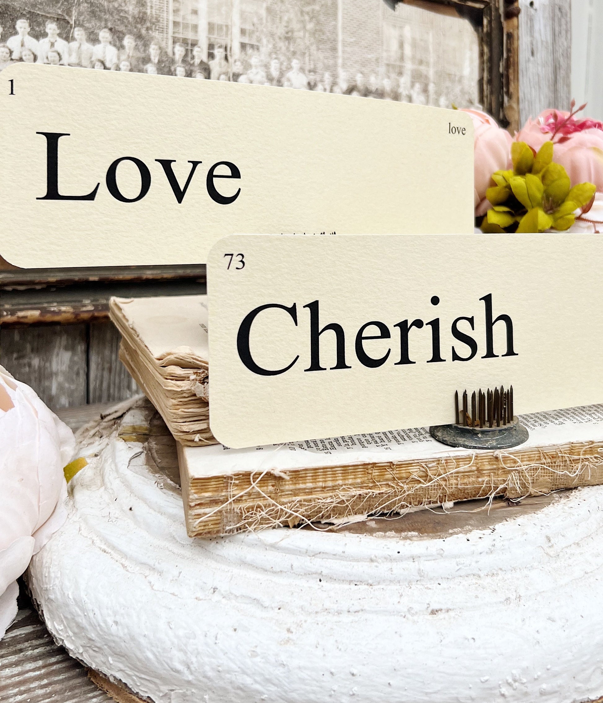 LOVE Flash Cards LARGE Vintage Inspired Word Flashcard SET Of 8 Farmhouse Decor Valentine Cherish Love