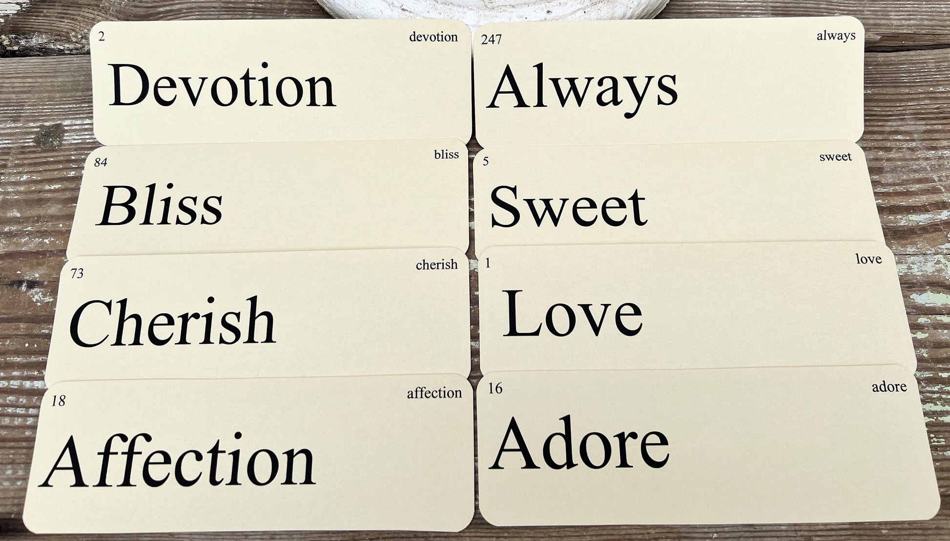 LOVE Flash Cards LARGE Vintage Inspired Word Flashcard SET Of 8 Farmhouse Decor Valentine Cherish Love