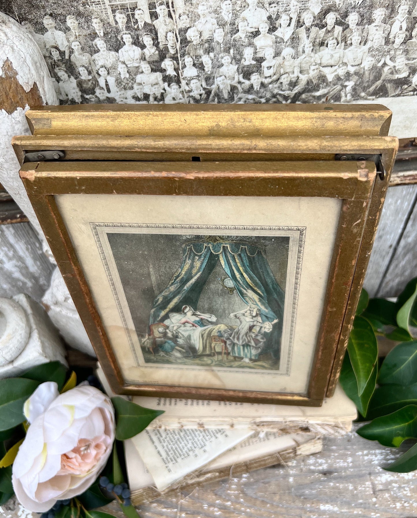 Antique Italian Jewelry Wooden Box Gold Mirror Glass TOILE Photo Hinged Italy Trinket
