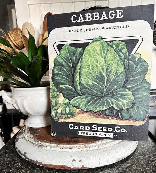 Vintage CABBAGE SEED Pack Print Sign Wood Wall Art Sign Farmhouse Decor Farm Spring Summer Fall Garden