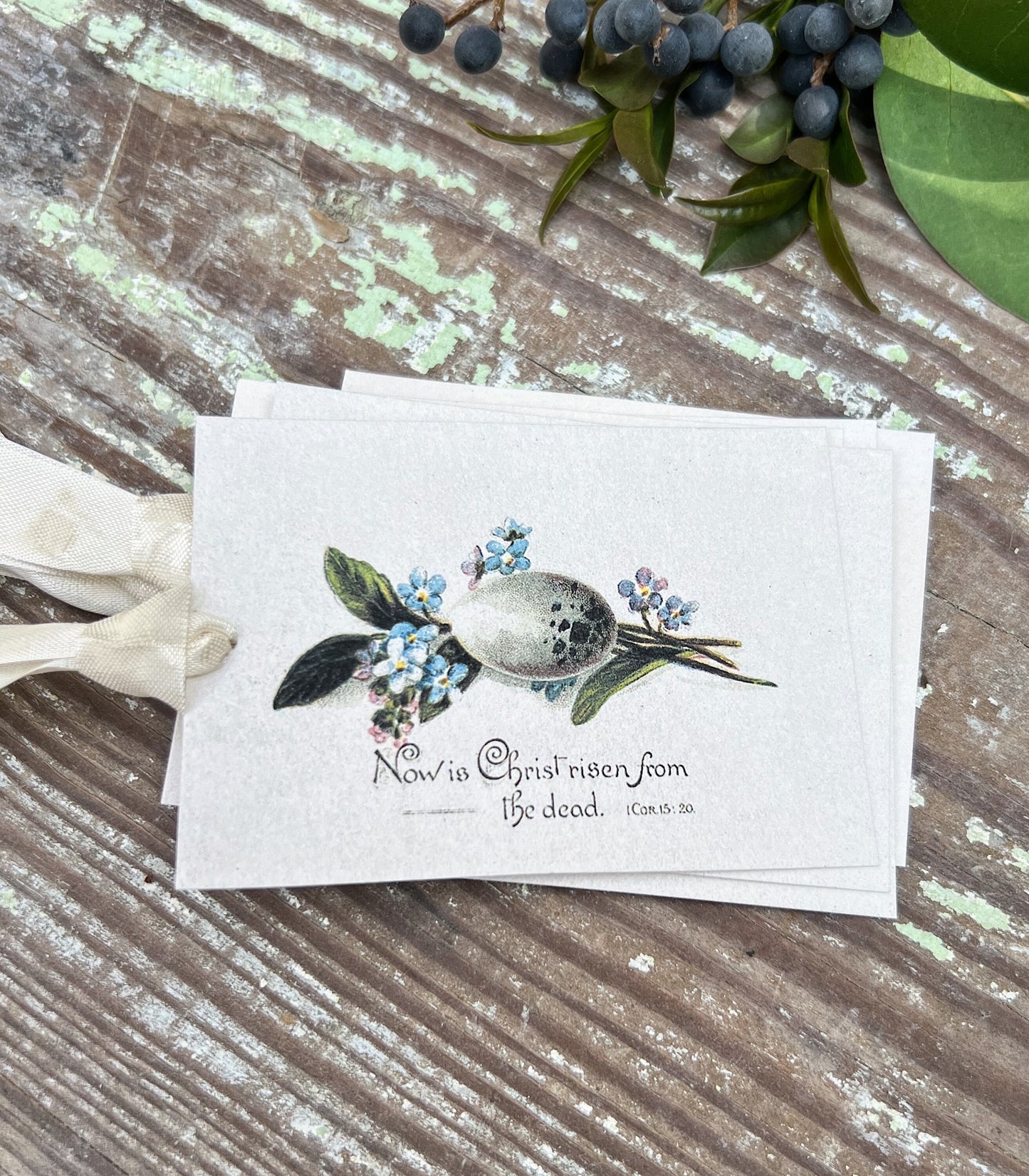 Vintage Easter Egg Gift Tags Flowers Christ Risen French Farmhouse Decor Card Shabby Set of 8 White Speckled