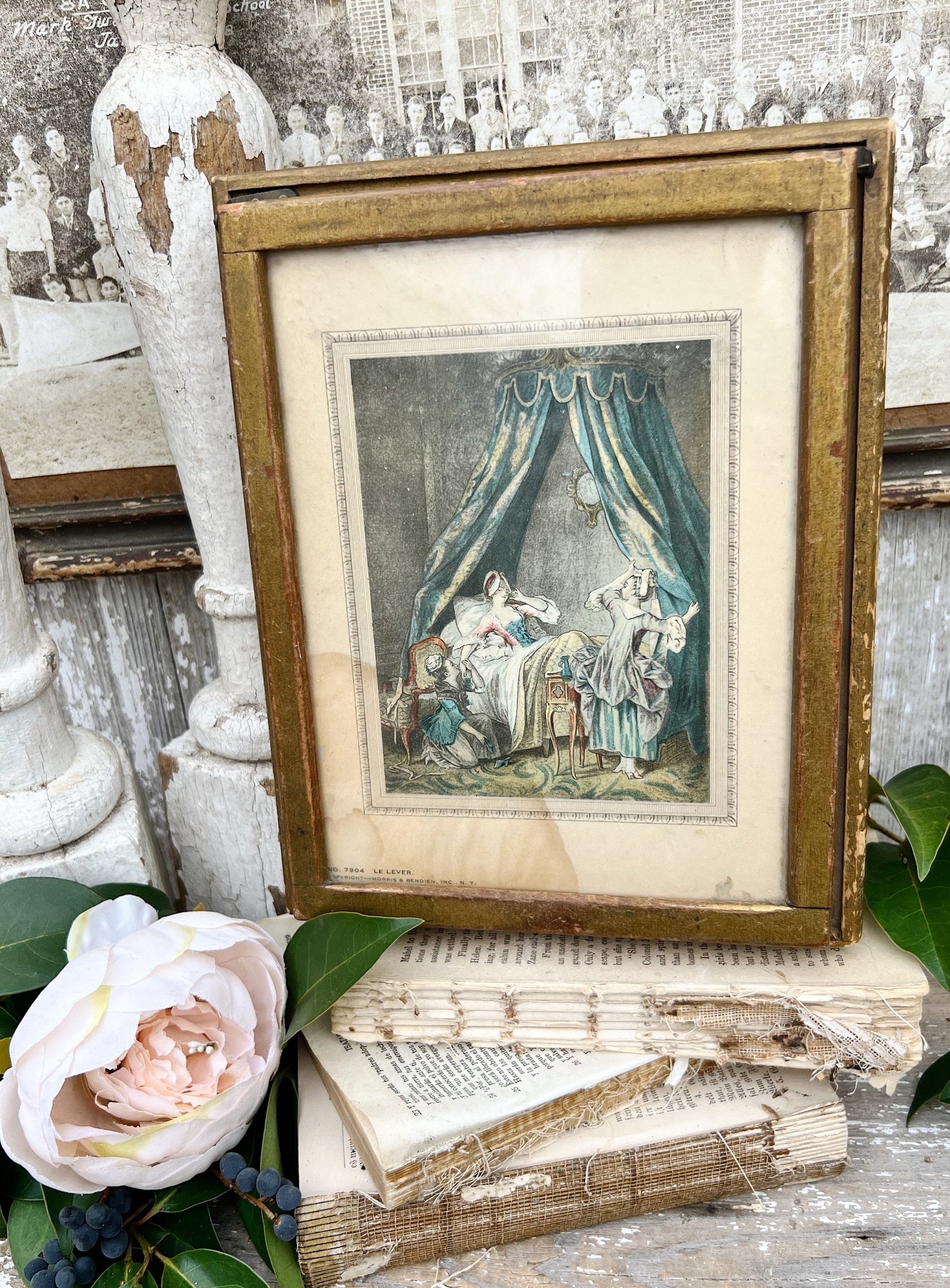 Antique Italian Jewelry Wooden Box Gold Mirror Glass TOILE Photo Hinged Italy Trinket