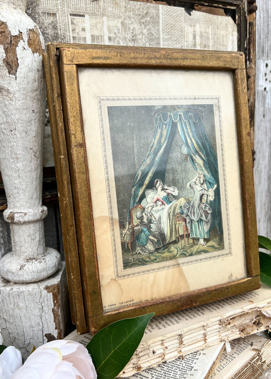 Antique Italian Jewelry Wooden Box Gold Mirror Glass TOILE Photo Hinged Italy Trinket