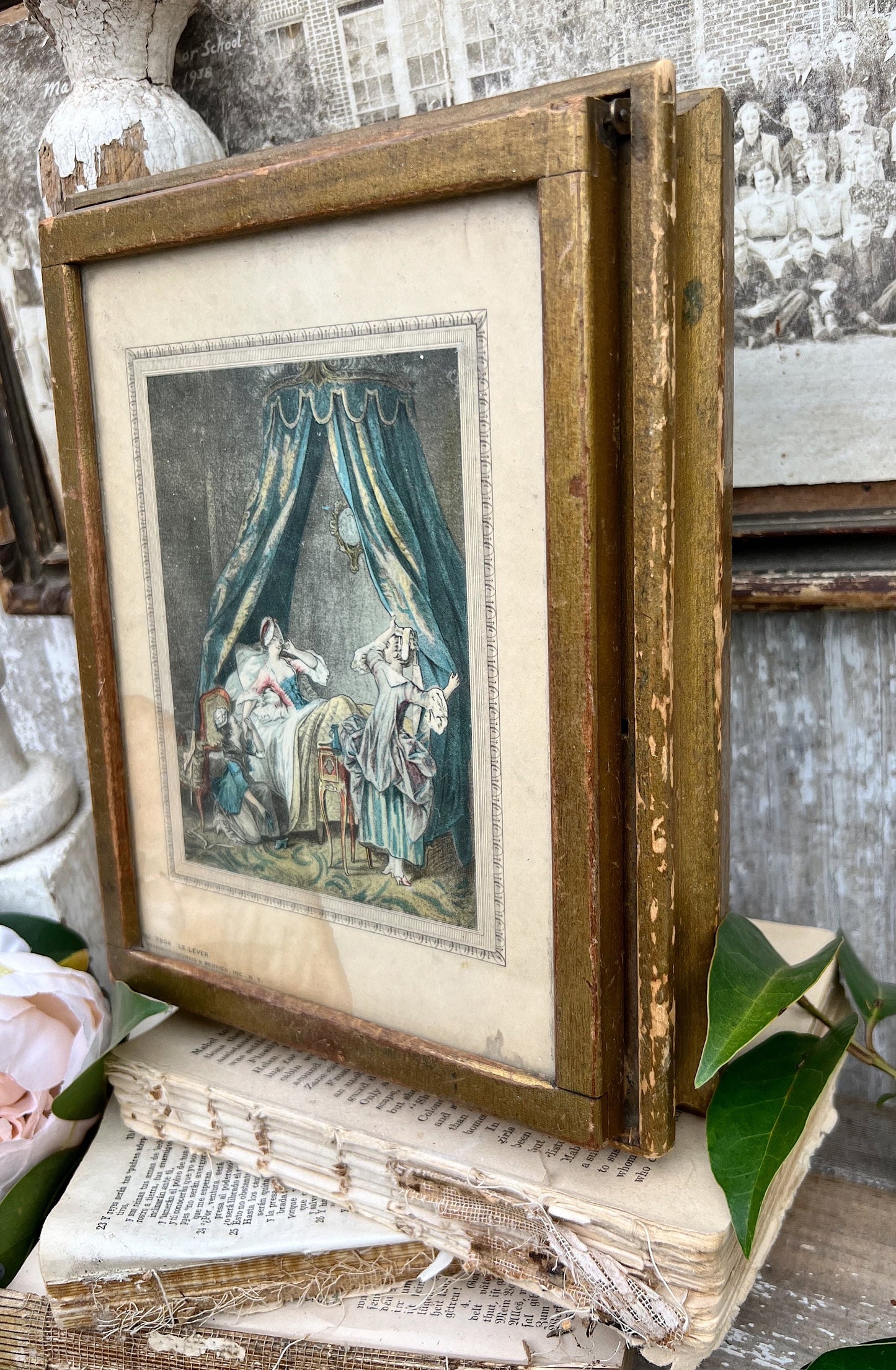 Antique Italian Jewelry Wooden Box Gold Mirror Glass TOILE Photo Hinged Italy Trinket