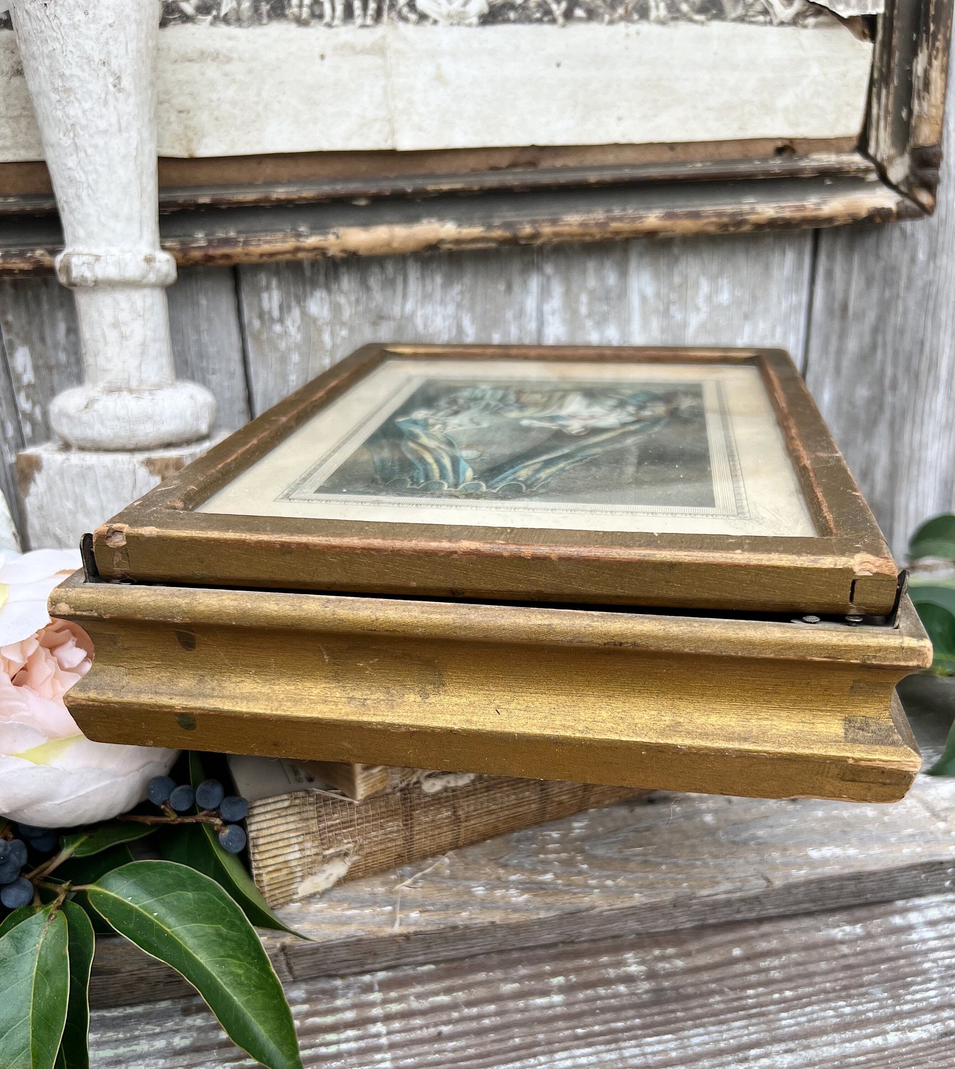 Antique Italian Jewelry Wooden Box Gold Mirror Glass TOILE Photo Hinged Italy Trinket