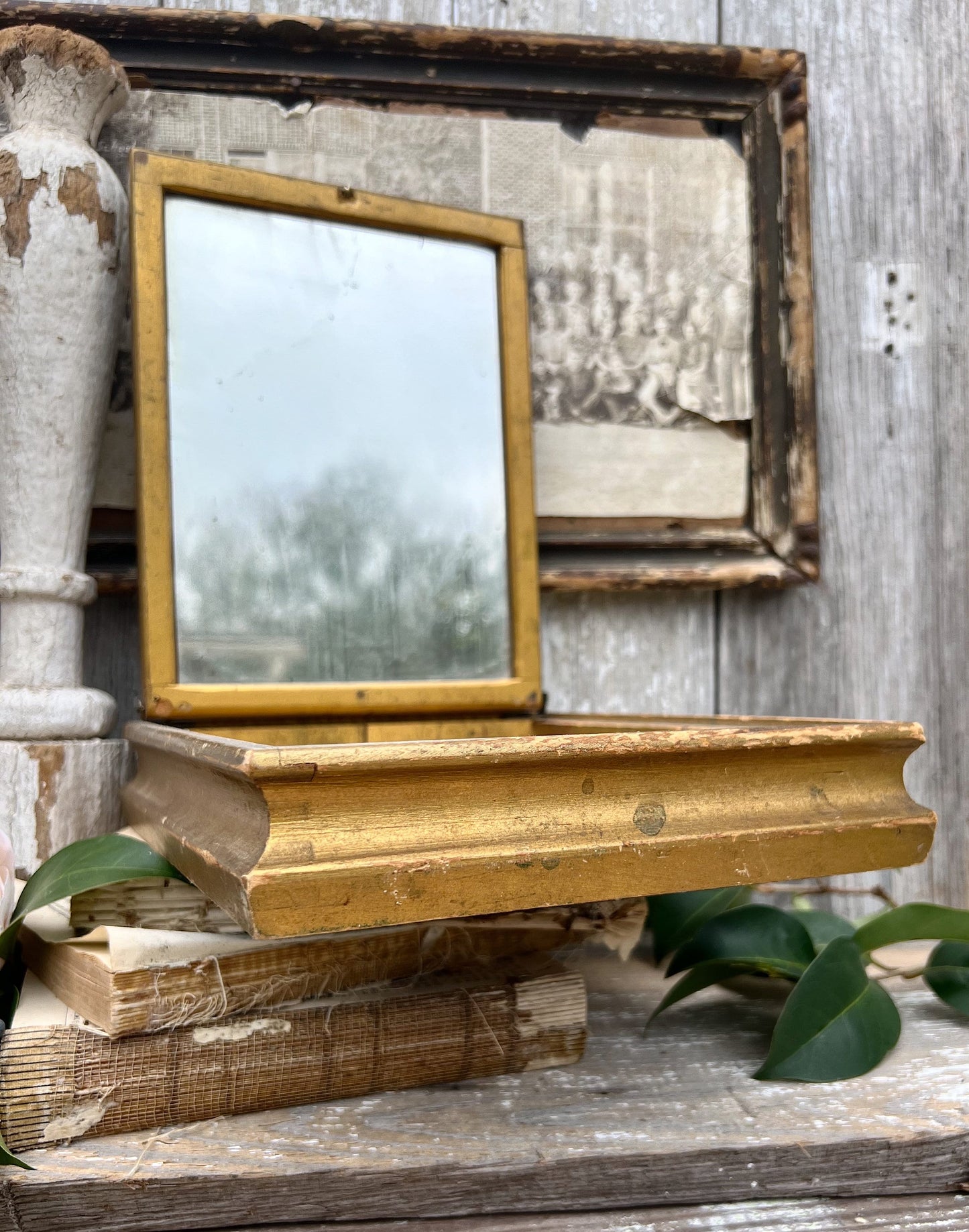 Antique Italian Jewelry Wooden Box Gold Mirror Glass TOILE Photo Hinged Italy Trinket
