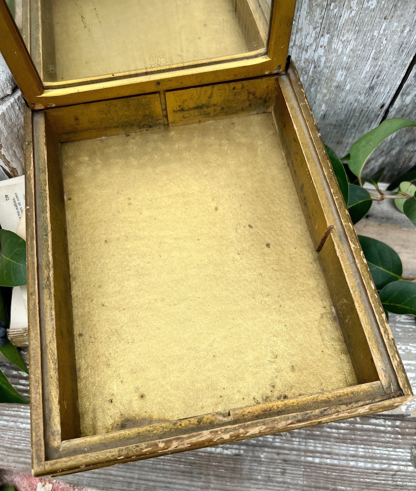 Antique Italian Jewelry Wooden Box Gold Mirror Glass TOILE Photo Hinged Italy Trinket