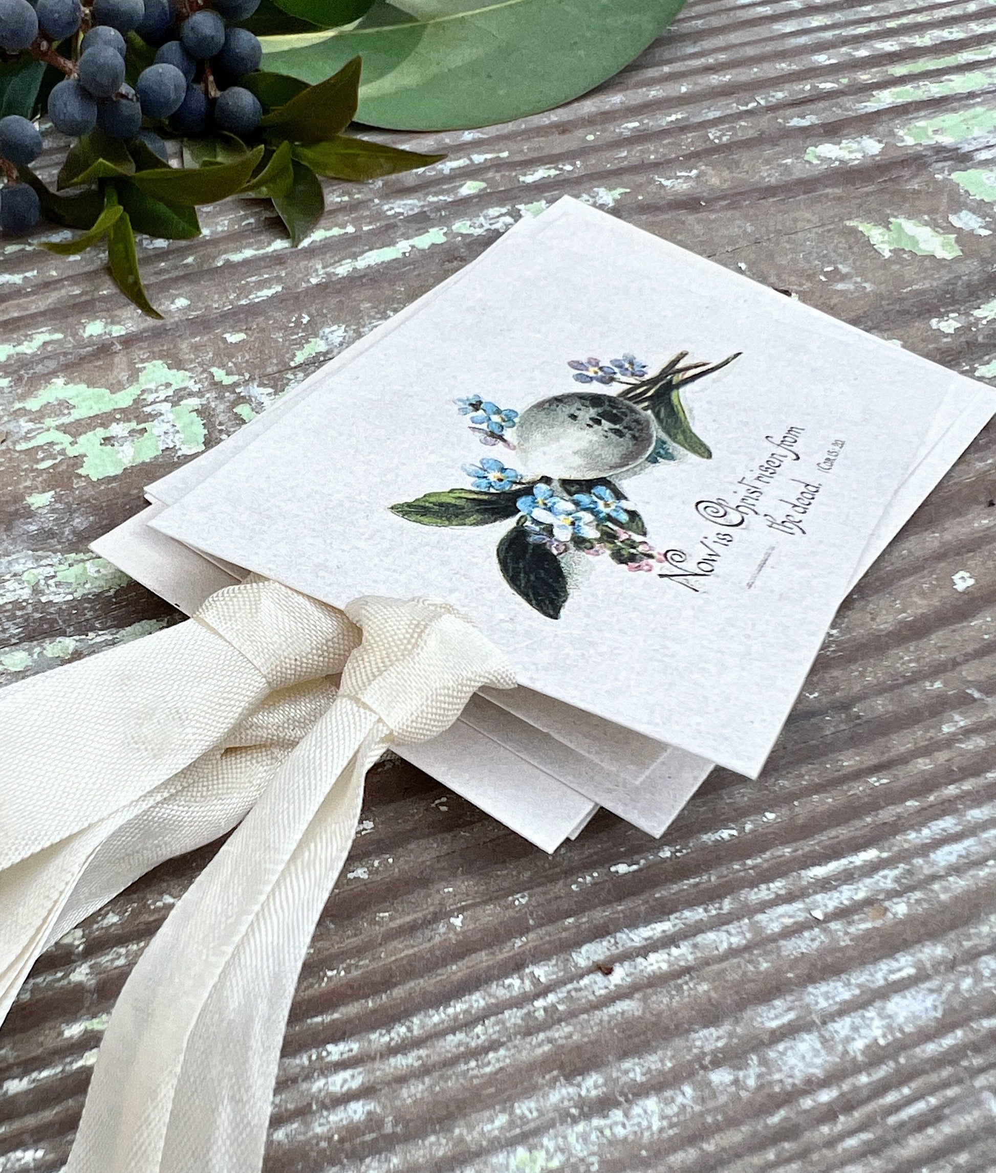 Vintage Easter Egg Gift Tags Flowers Christ Risen French Farmhouse Decor Card Shabby Set of 8 White Speckled