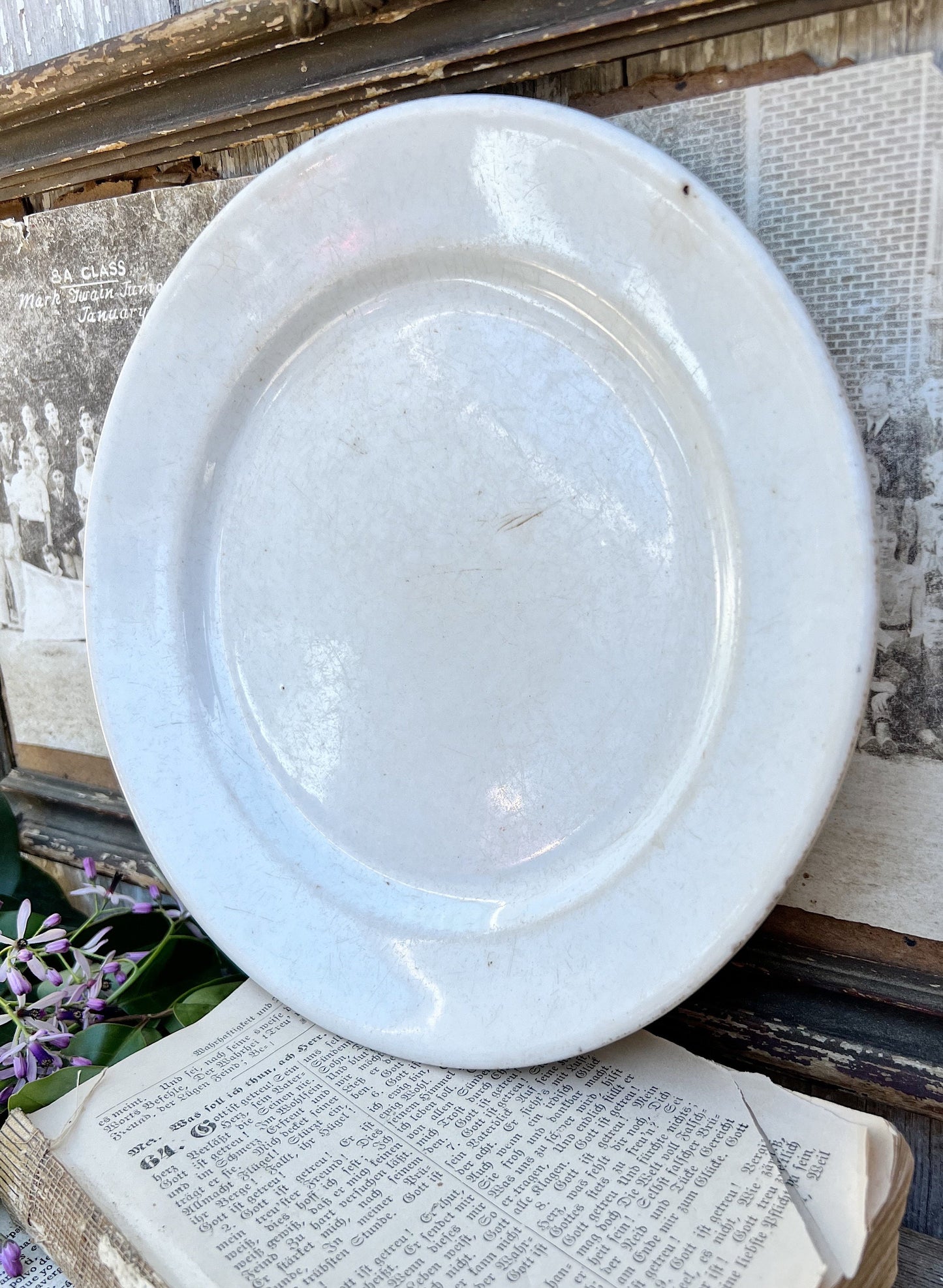 Antique White Ironstone Plate Farmhouse Decor Stained Crazed Grungy England Chunky WEDGEWOOD Royal Stone