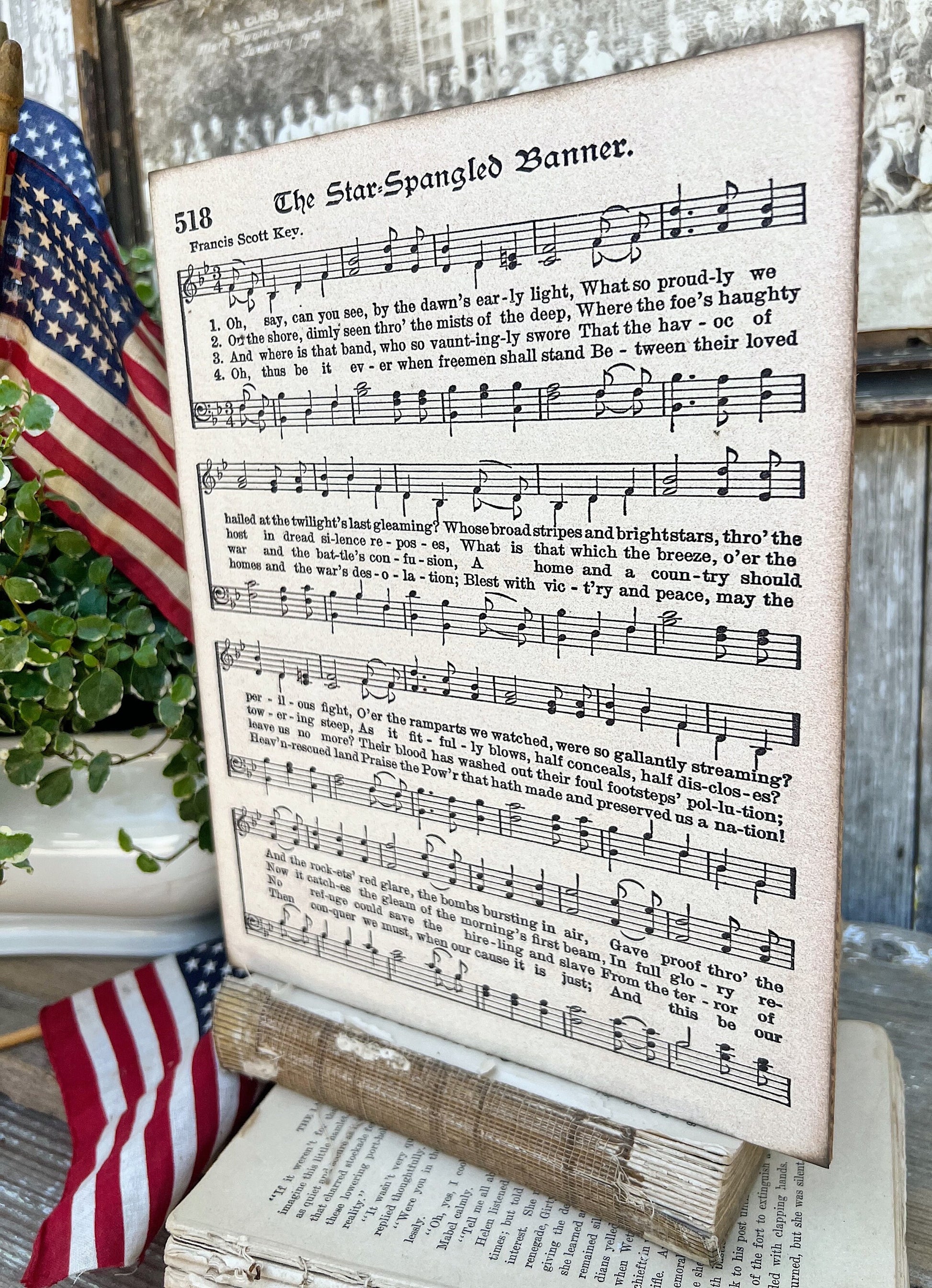 STAR SPANGLED BANNER Sheet Music Sign Americana Patriotic Decor Mounted Farmhouse Book Page Primitive Wood Sign usa Fourth July