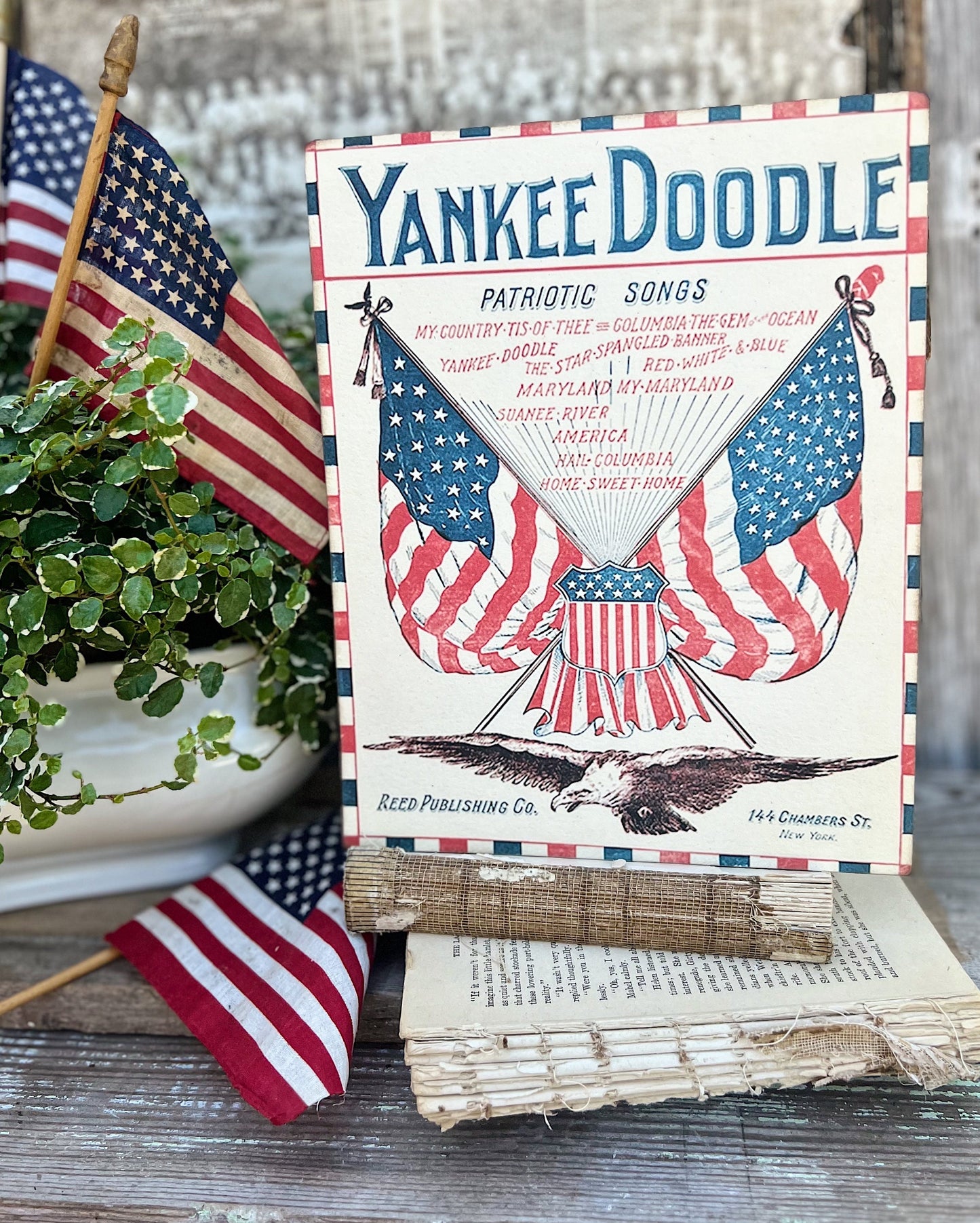 YANKEE DOODLE Sheet Music Cover Sign Americana Patriotic Decor Mounted Farmhouse Book Page Primitive Wood Sign usa Fourth July
