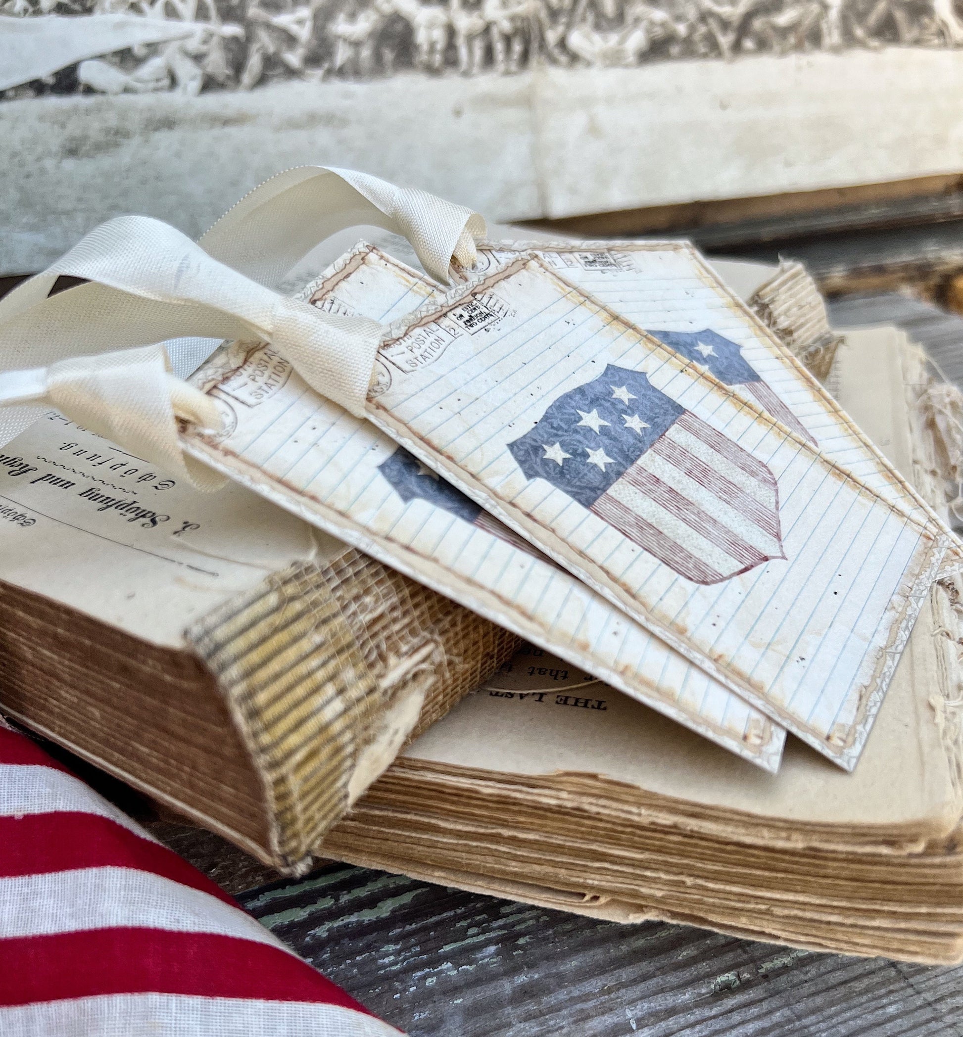 PATRIOTIC SHEILD FLAG Vintage Gift Tags Americana Fourth July Farmhouse Decor Card Set of 8 usa