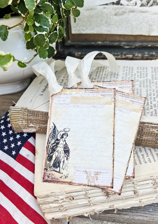 LADY LIBERTY Patriotic Flag Vintage Gift Tags Americana Farmhouse Decor Card Set of 8 USA Fourth July