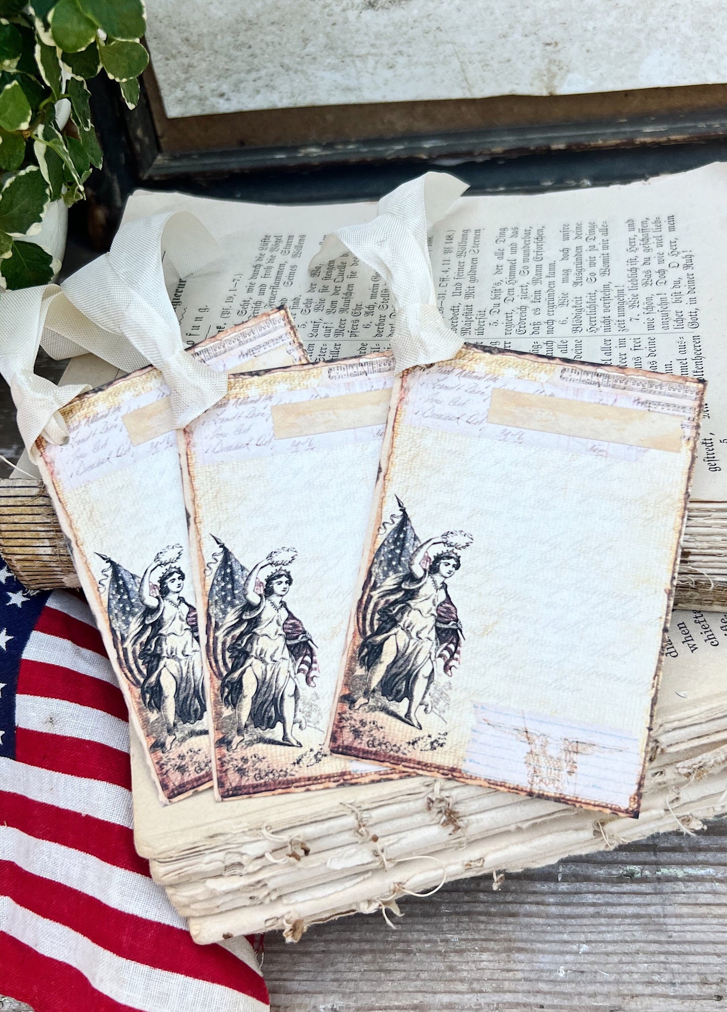 LADY LIBERTY Patriotic Flag Vintage Gift Tags Americana Farmhouse Decor Card Set of 8 USA Fourth July