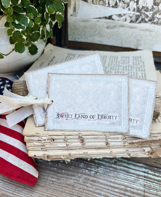 SWEET LAND LIBERTY Vintage Patriotic Gift Tags Americana Flag Fourth July Farmhouse Decor Card Set of 8 usa