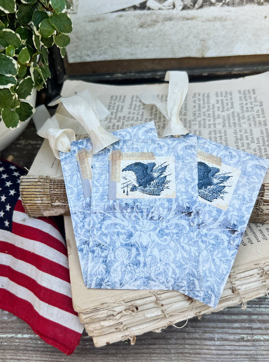 EAGLE PATRIOTIC STAMP Blue Damask Vintage Gift Tags Americana Farmhouse Decor Card Set of 8 usa Fourth July