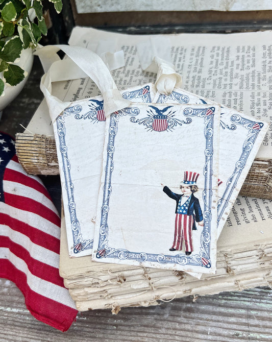 UNCLE SAM PATRIOTIC Vintage Gift Tags Americana Farmhouse Decor Card Set of 8 usa Fourth July