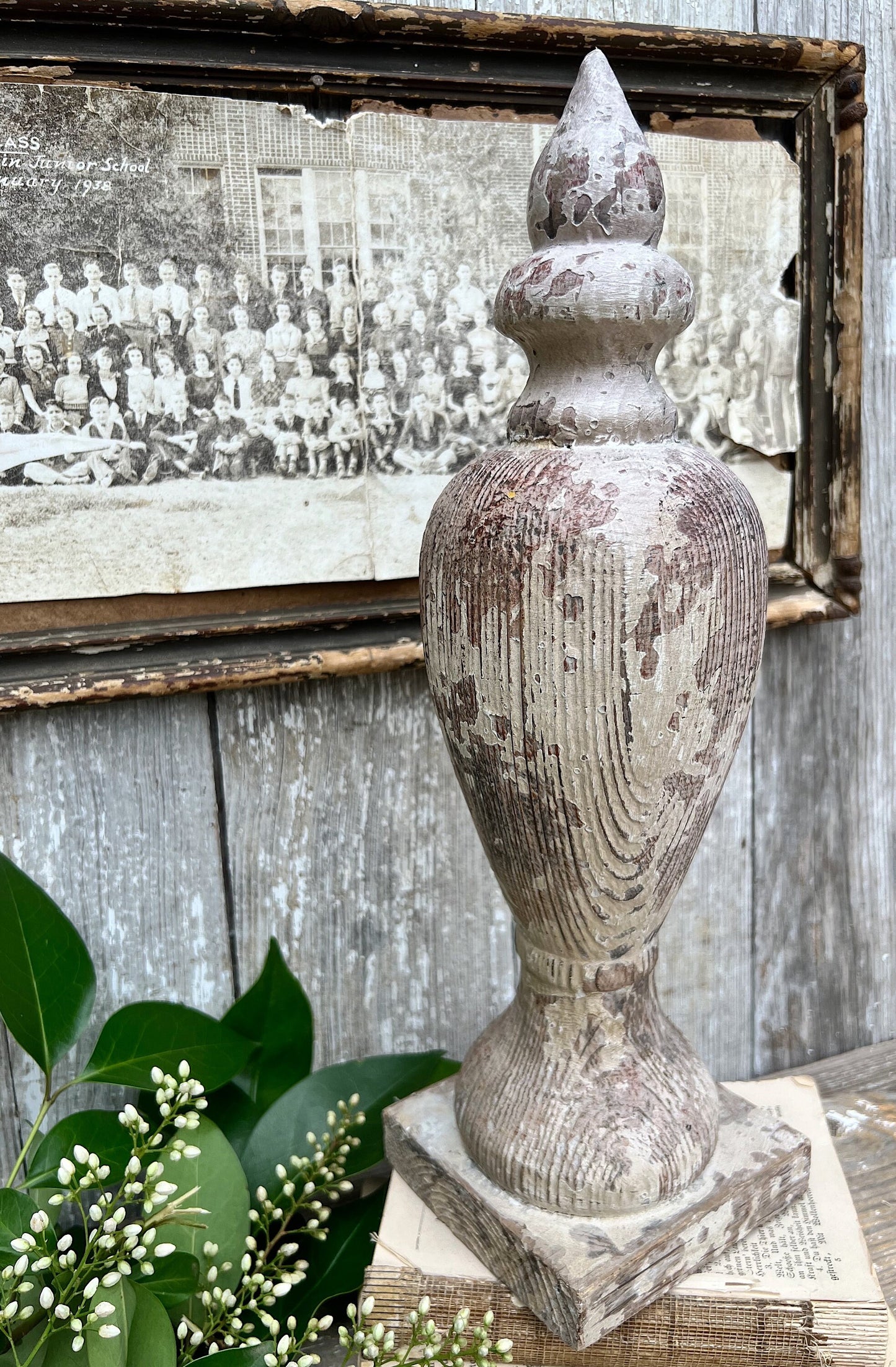 Antique Newell Post Cap LARGE Chippy White Carved Wood Ball End Architectural Salvage