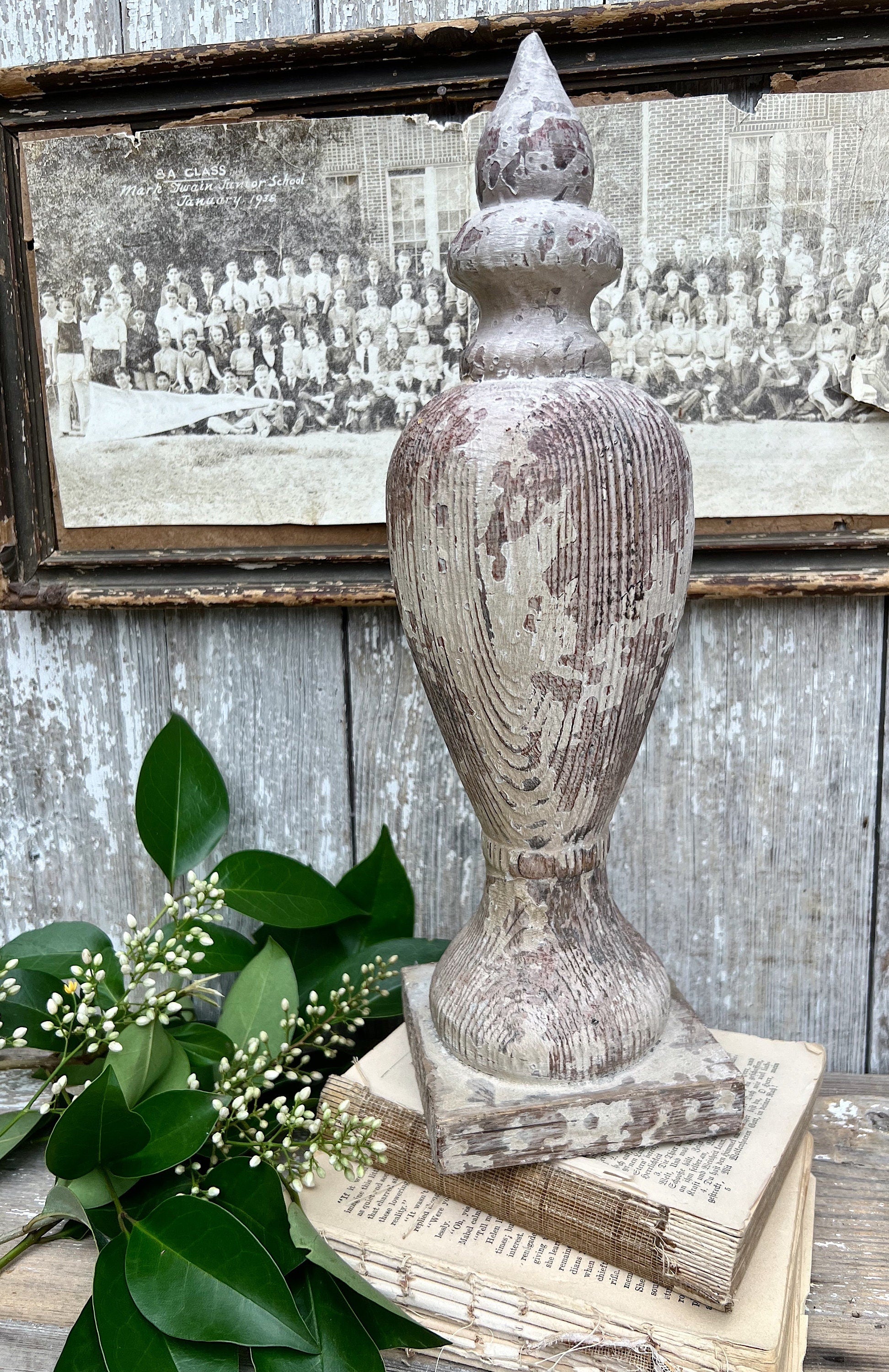 Antique Newell Post Cap LARGE Chippy White Carved Wood Ball End Architectural Salvage