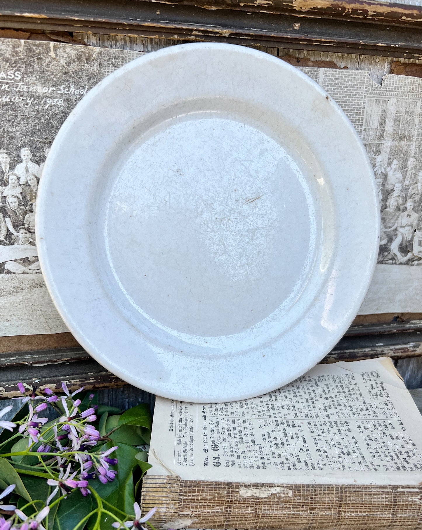 Antique White Ironstone Plate Farmhouse Decor Stained Crazed Grungy England Chunky WEDGEWOOD Royal Stone
