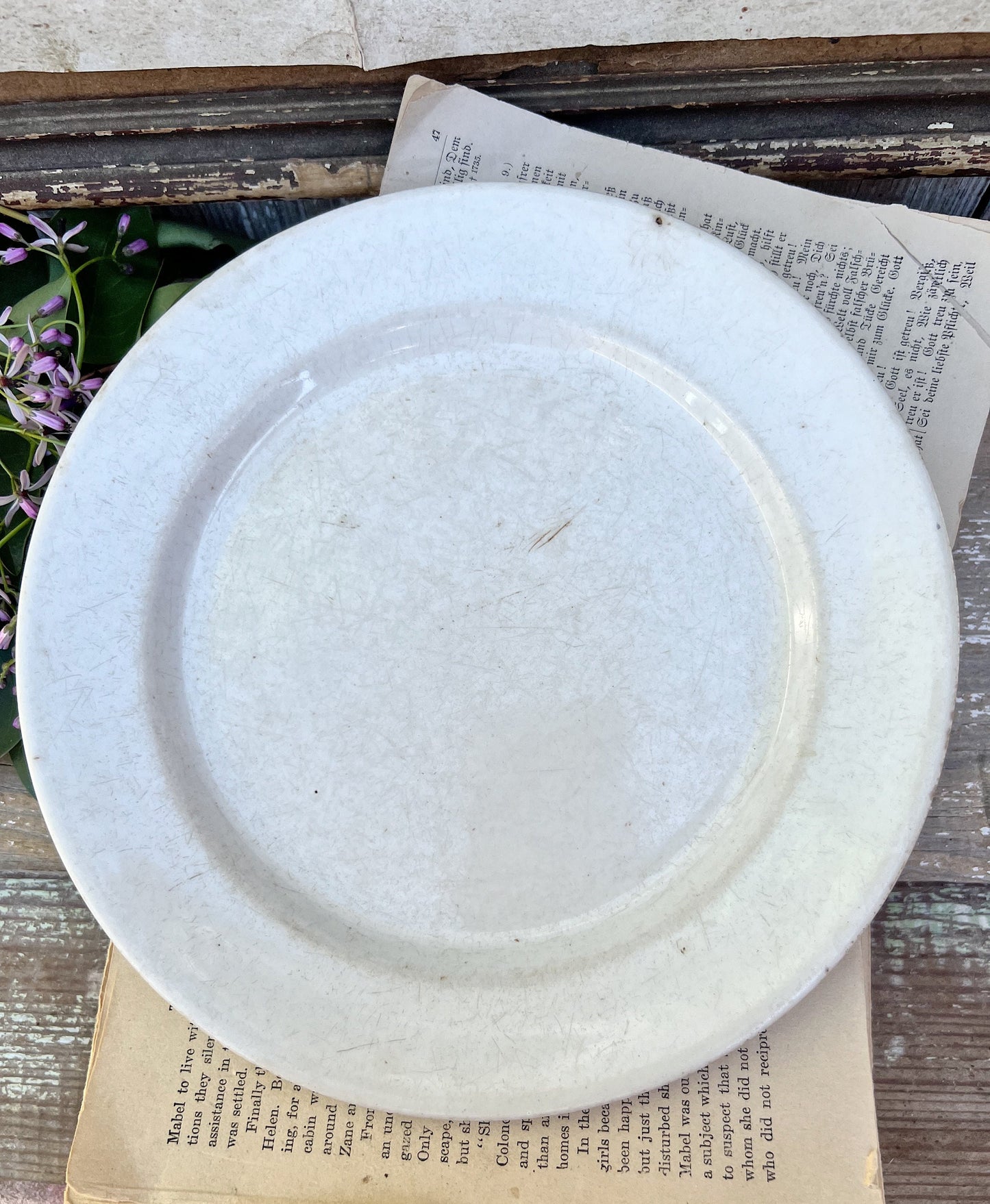 Antique White Ironstone Plate Farmhouse Decor Stained Crazed Grungy England Chunky WEDGEWOOD Royal Stone