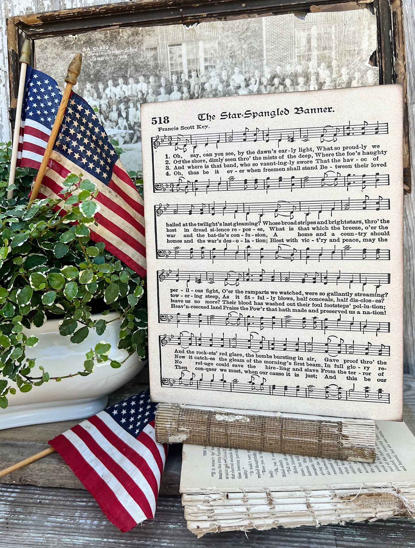 STAR SPANGLED BANNER Sheet Music Sign Americana Patriotic Decor Mounted Farmhouse Book Page Primitive Wood Sign usa Fourth July