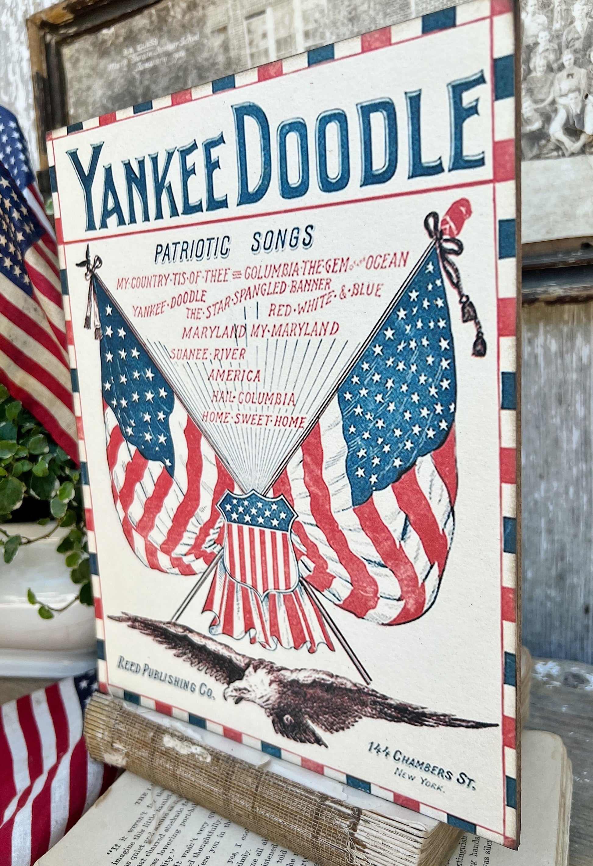 YANKEE DOODLE Sheet Music Cover Sign Americana Patriotic Decor Mounted Farmhouse Book Page Primitive Wood Sign usa Fourth July