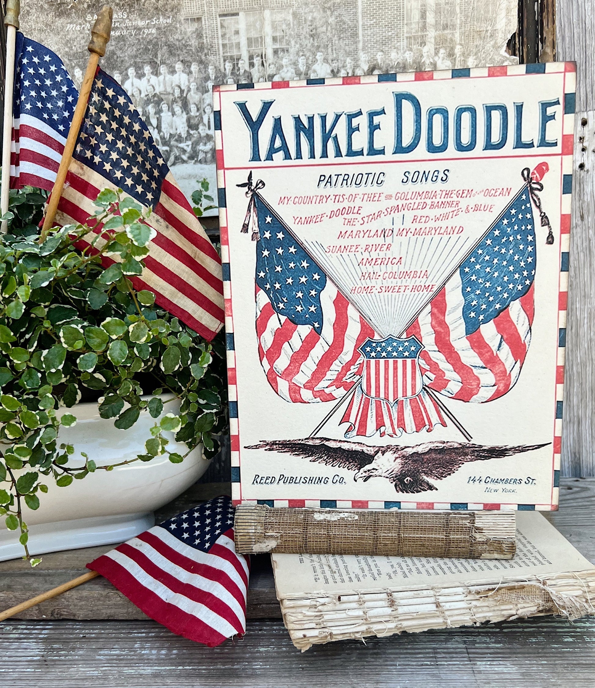 YANKEE DOODLE Sheet Music Cover Sign Americana Patriotic Decor Mounted Farmhouse Book Page Primitive Wood Sign usa Fourth July