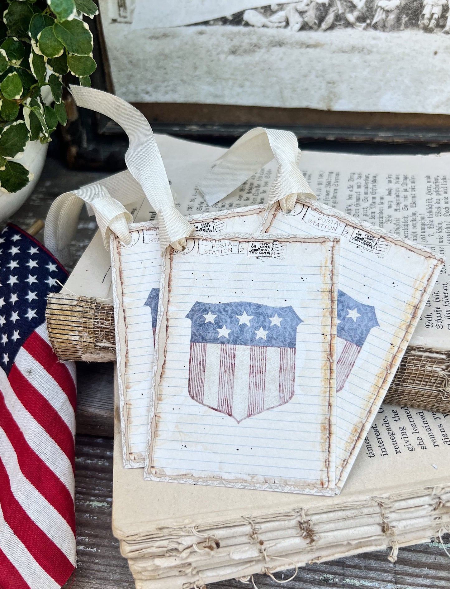 PATRIOTIC SHEILD FLAG Vintage Gift Tags Americana Fourth July Farmhouse Decor Card Set of 8 usa