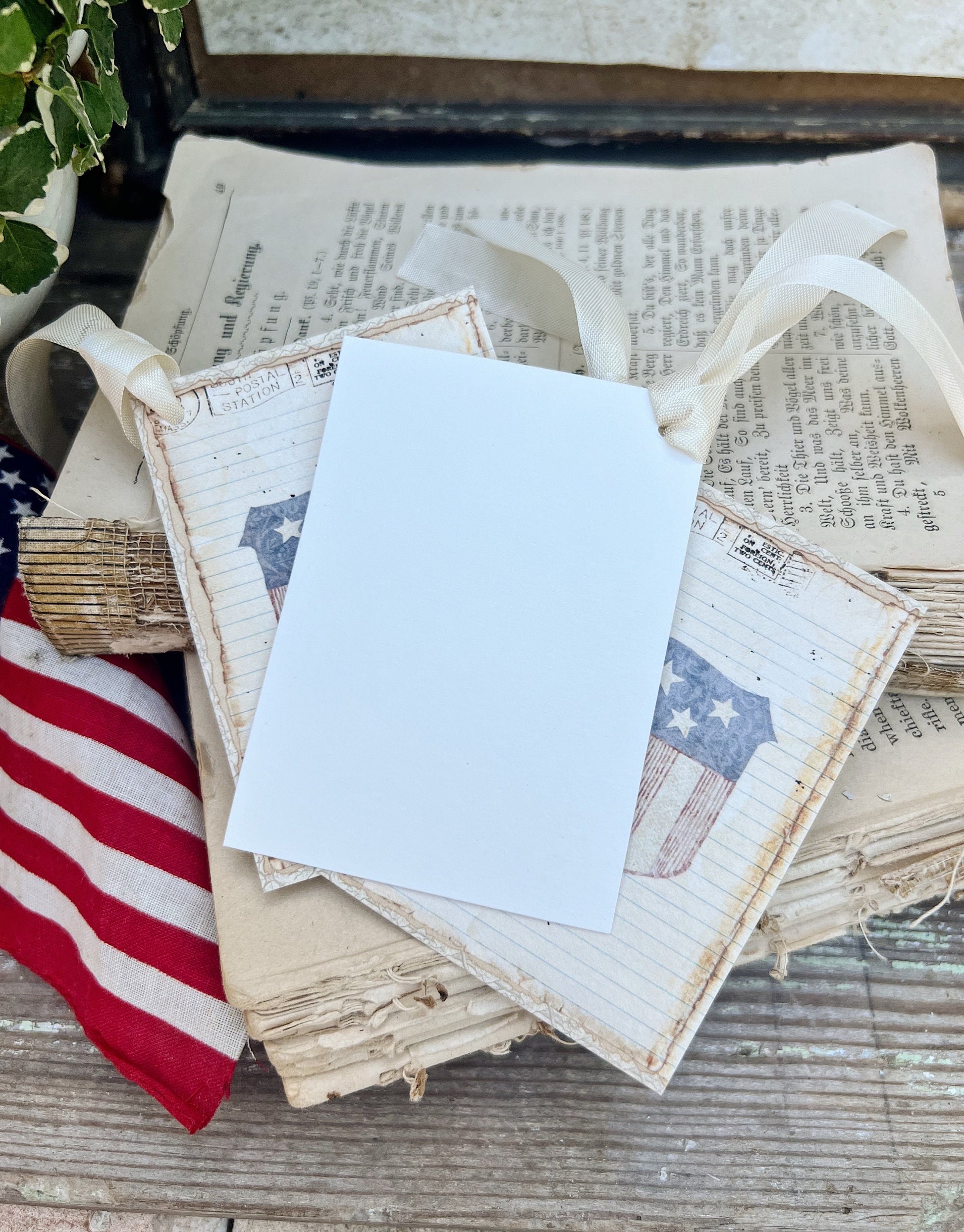 PATRIOTIC SHEILD FLAG Vintage Gift Tags Americana Fourth July Farmhouse Decor Card Set of 8 usa