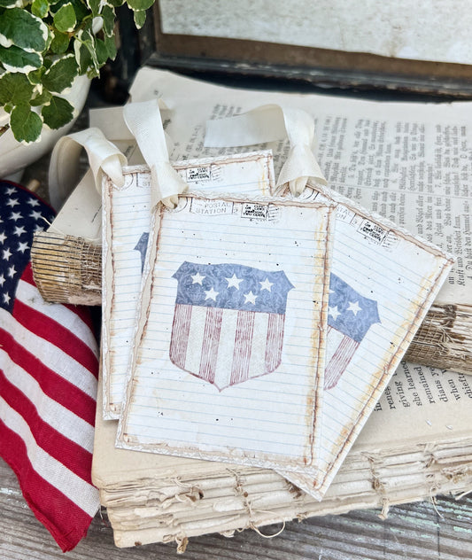 PATRIOTIC SHEILD FLAG Vintage Gift Tags Americana Fourth July Farmhouse Decor Card Set of 8 usa