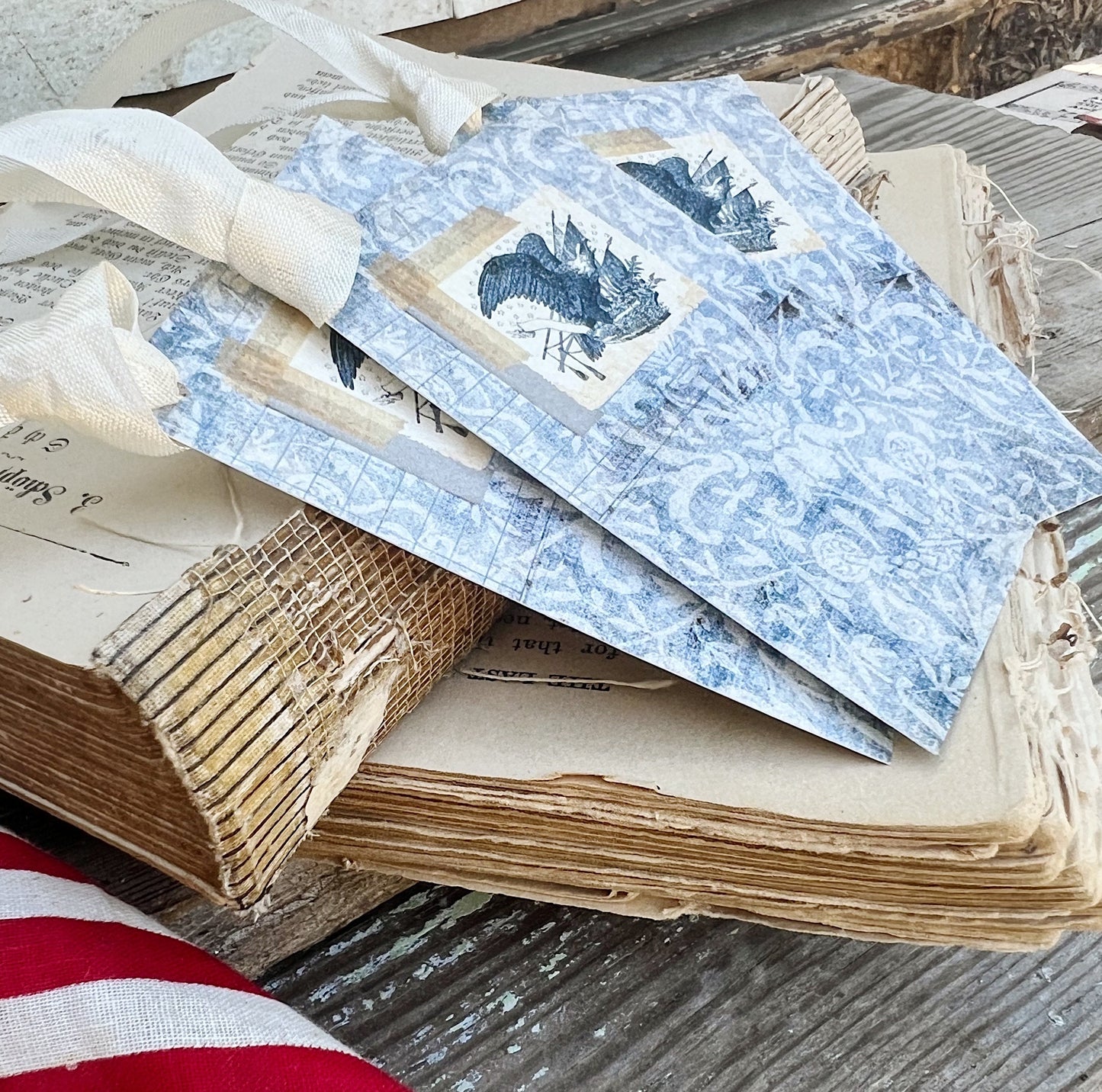 EAGLE PATRIOTIC STAMP Blue Damask Vintage Gift Tags Americana Farmhouse Decor Card Set of 8 usa Fourth July