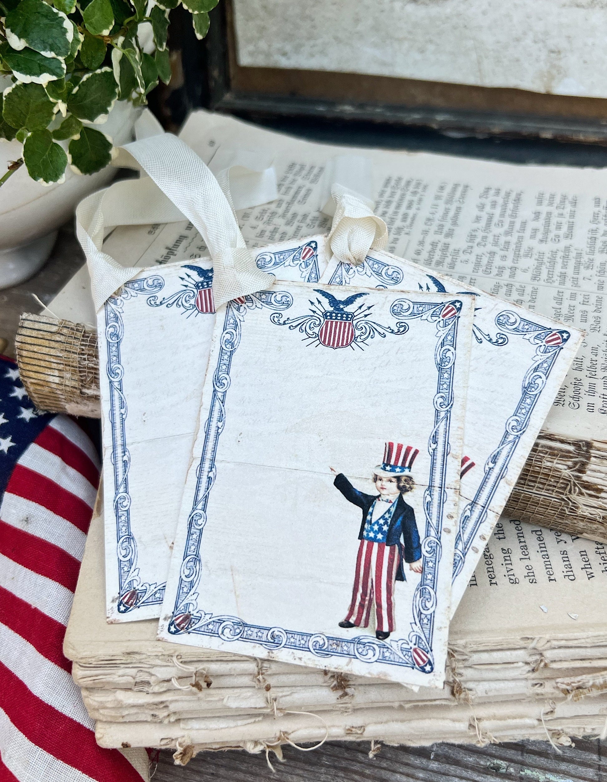 UNCLE SAM PATRIOTIC Vintage Gift Tags Americana Farmhouse Decor Card Set of 8 usa Fourth July