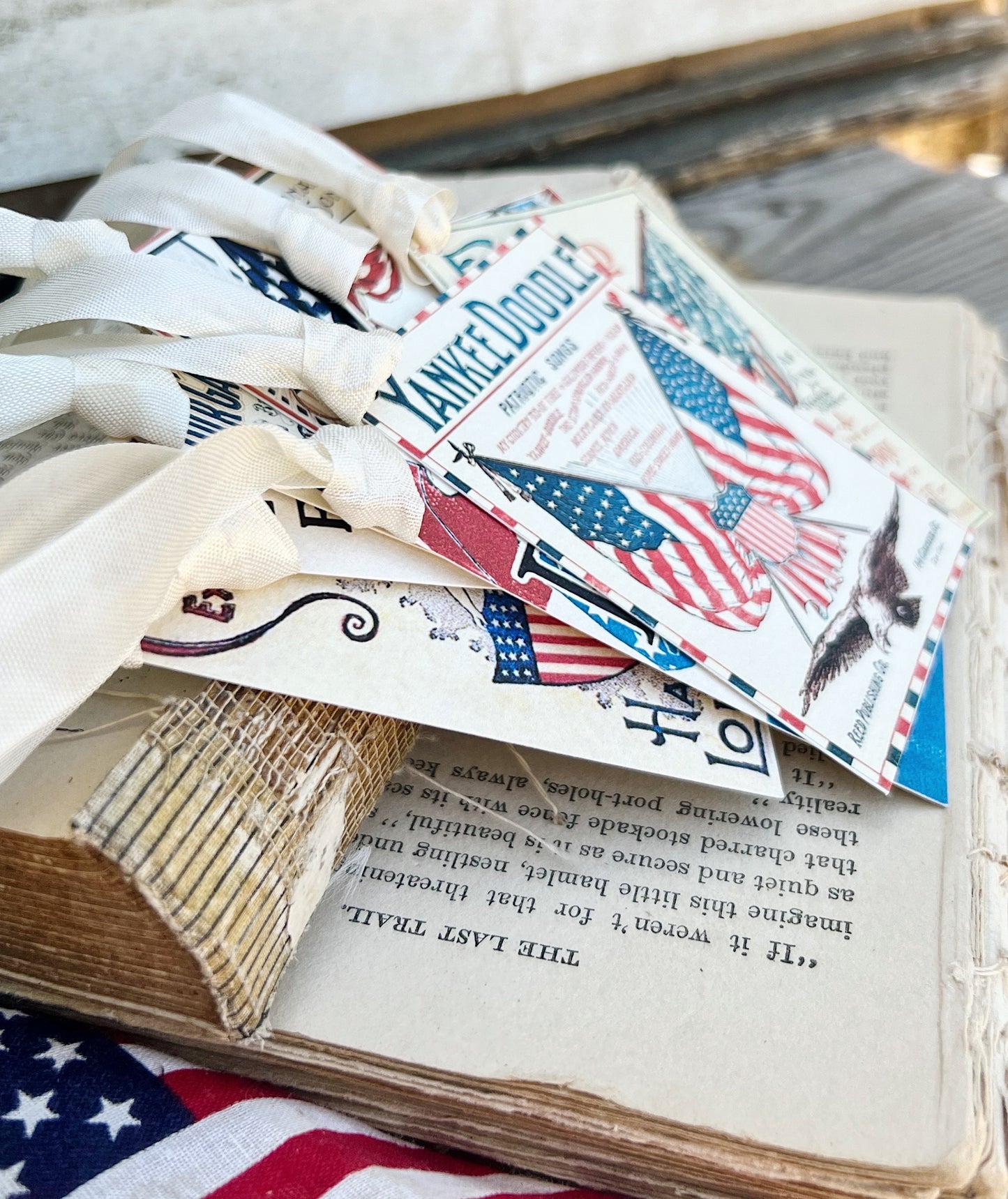 PATRIOTIC SHEET MUSIC Book Cover Vintage Gift Tags Americana Farmhouse Decor Card Set of 8 usa Flag Fourth July