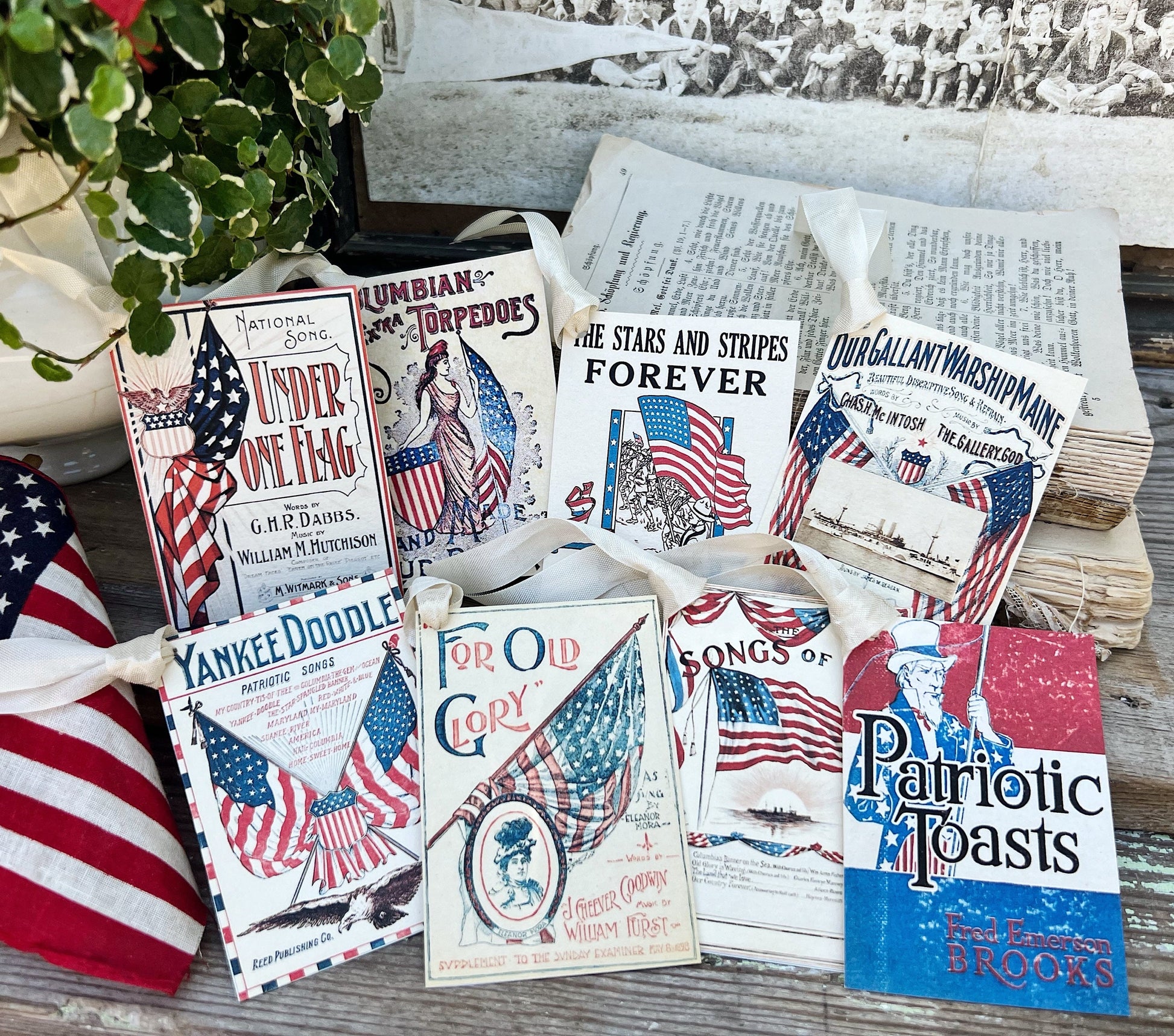 PATRIOTIC SHEET MUSIC Book Cover Vintage Gift Tags Americana Farmhouse Decor Card Set of 8 usa Flag Fourth July