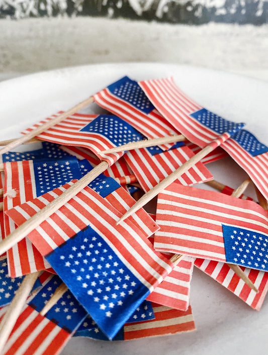 Vintage AMERICAN FLAG Toothpick Topper Paper Pick Stars Stripes Banner Shabby Farmhouse Decor Favor Americana USA Set of Ten Fourth July