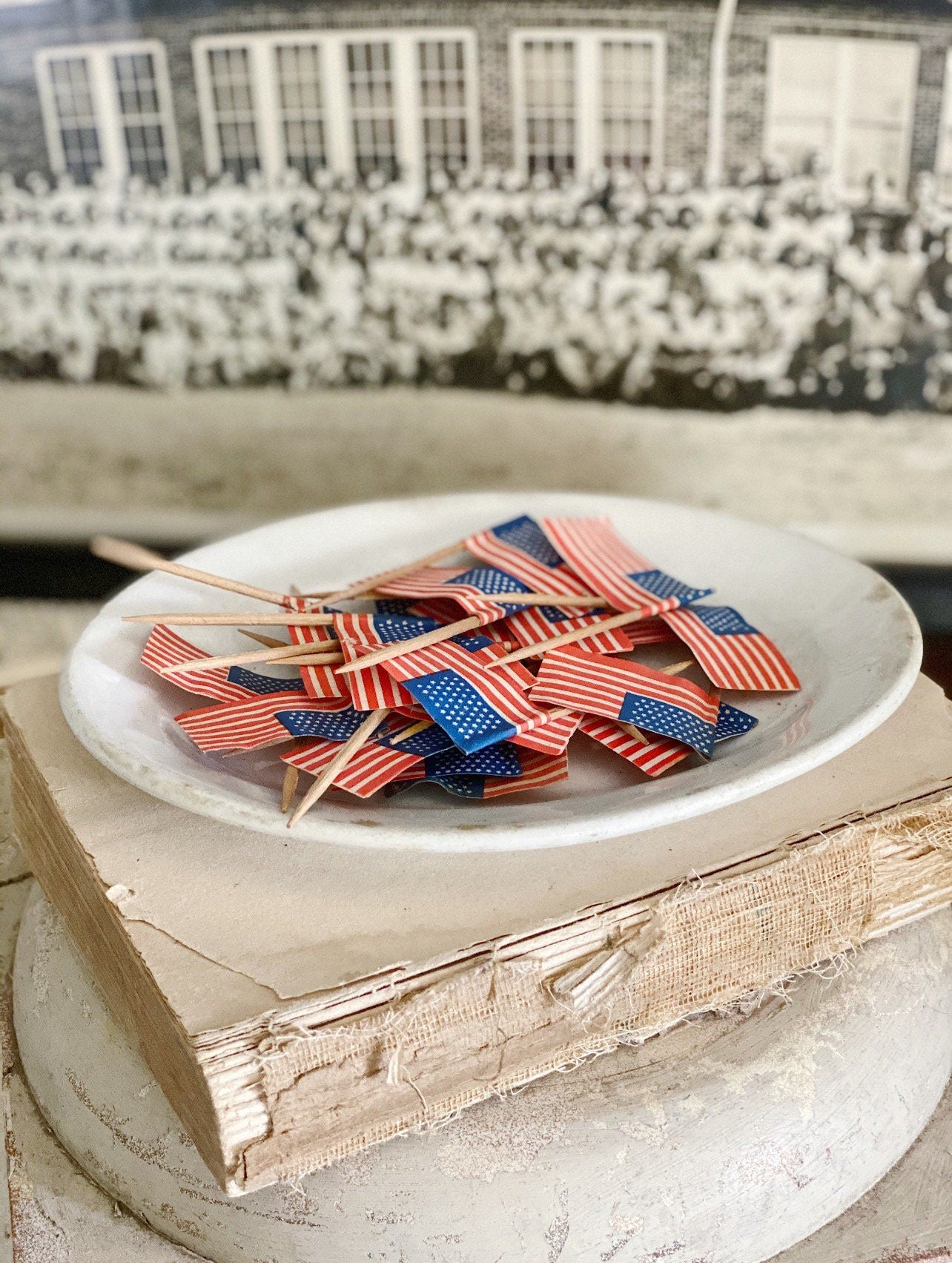 Vintage AMERICAN FLAG Toothpick Topper Paper Pick Stars Stripes Banner Shabby Farmhouse Decor Favor Americana USA Set of Ten Fourth July