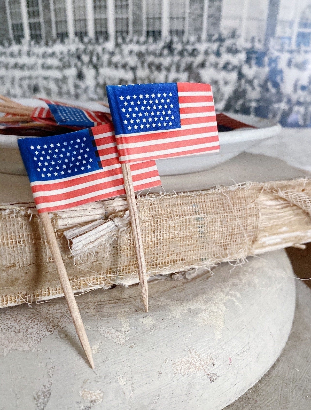 Vintage AMERICAN FLAG Toothpick Topper Paper Pick Stars Stripes Banner Shabby Farmhouse Decor Favor Americana USA Set of Ten Fourth July