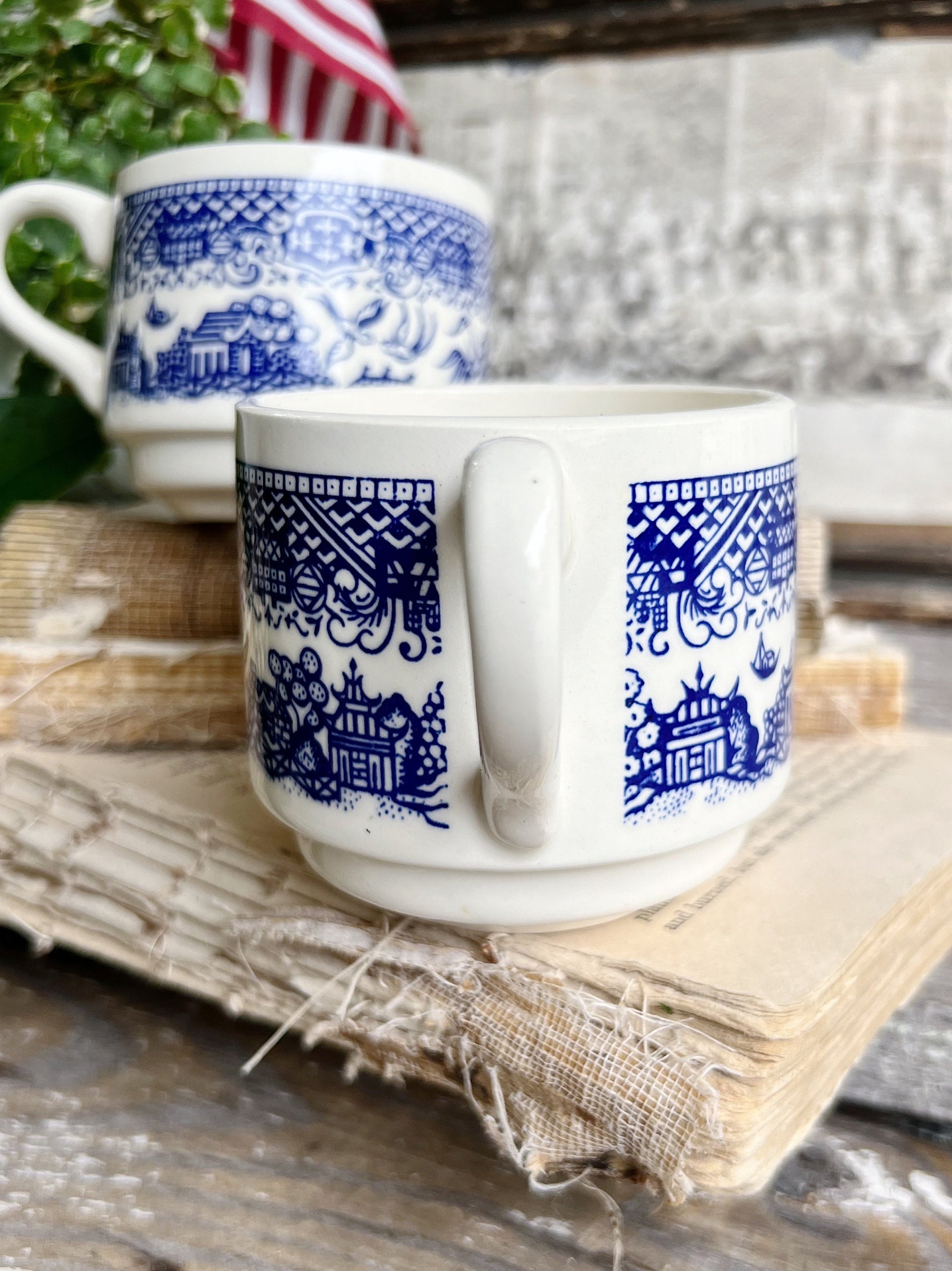 Vintage USA White Ironstone Coffee Cups Blue Transferware Stackable Farmhouse Decor AMERICANA Flo Blue Willow