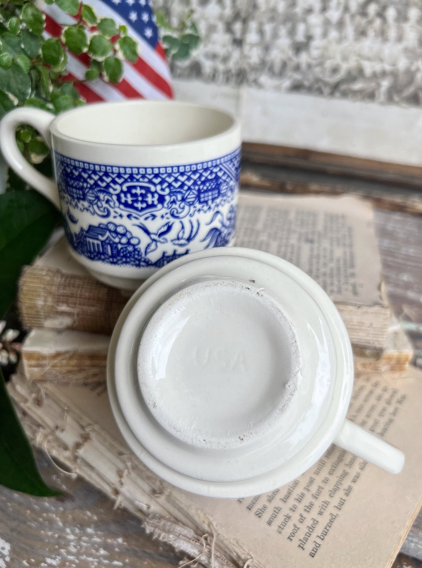 Vintage USA White Ironstone Coffee Cups Blue Transferware Stackable Farmhouse Decor AMERICANA Flo Blue Willow