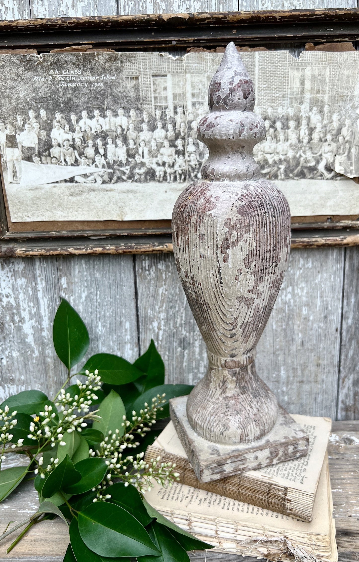 Antique Newell Post Cap LARGE Chippy White Carved Wood Ball End Architectural Salvage