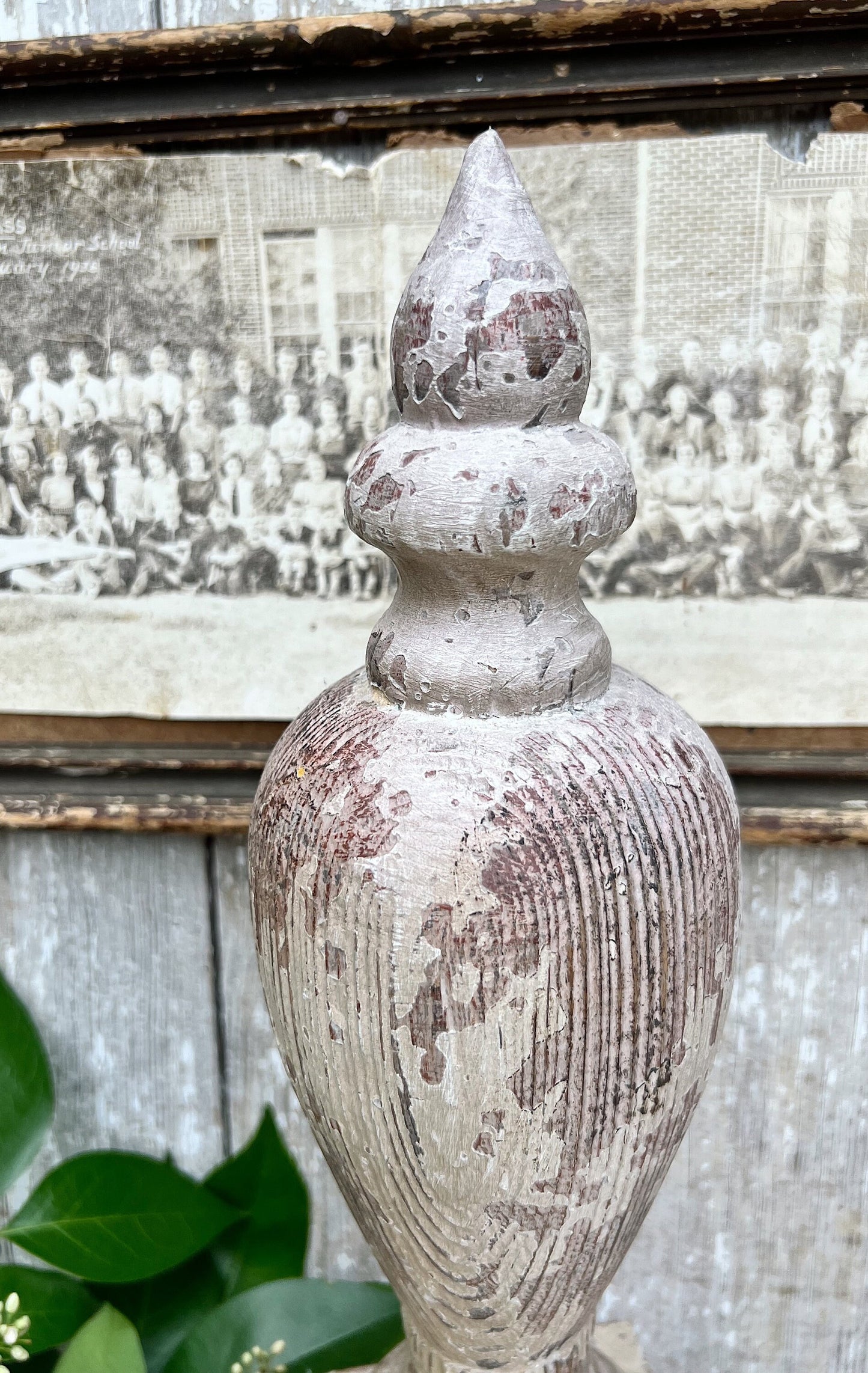 Antique Newell Post Cap LARGE Chippy White Carved Wood Ball End Architectural Salvage