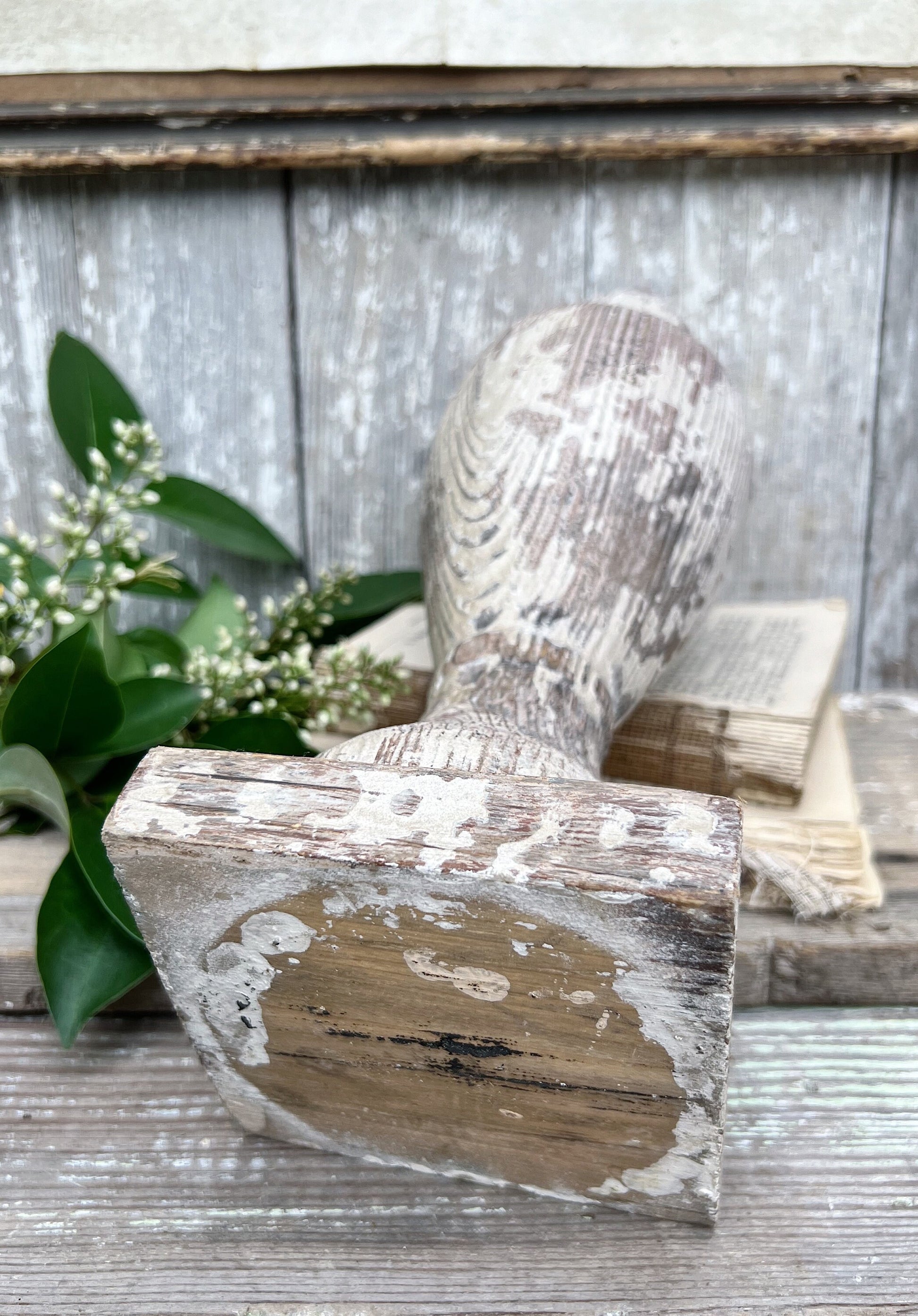 Antique Newell Post Cap LARGE Chippy White Carved Wood Ball End Architectural Salvage