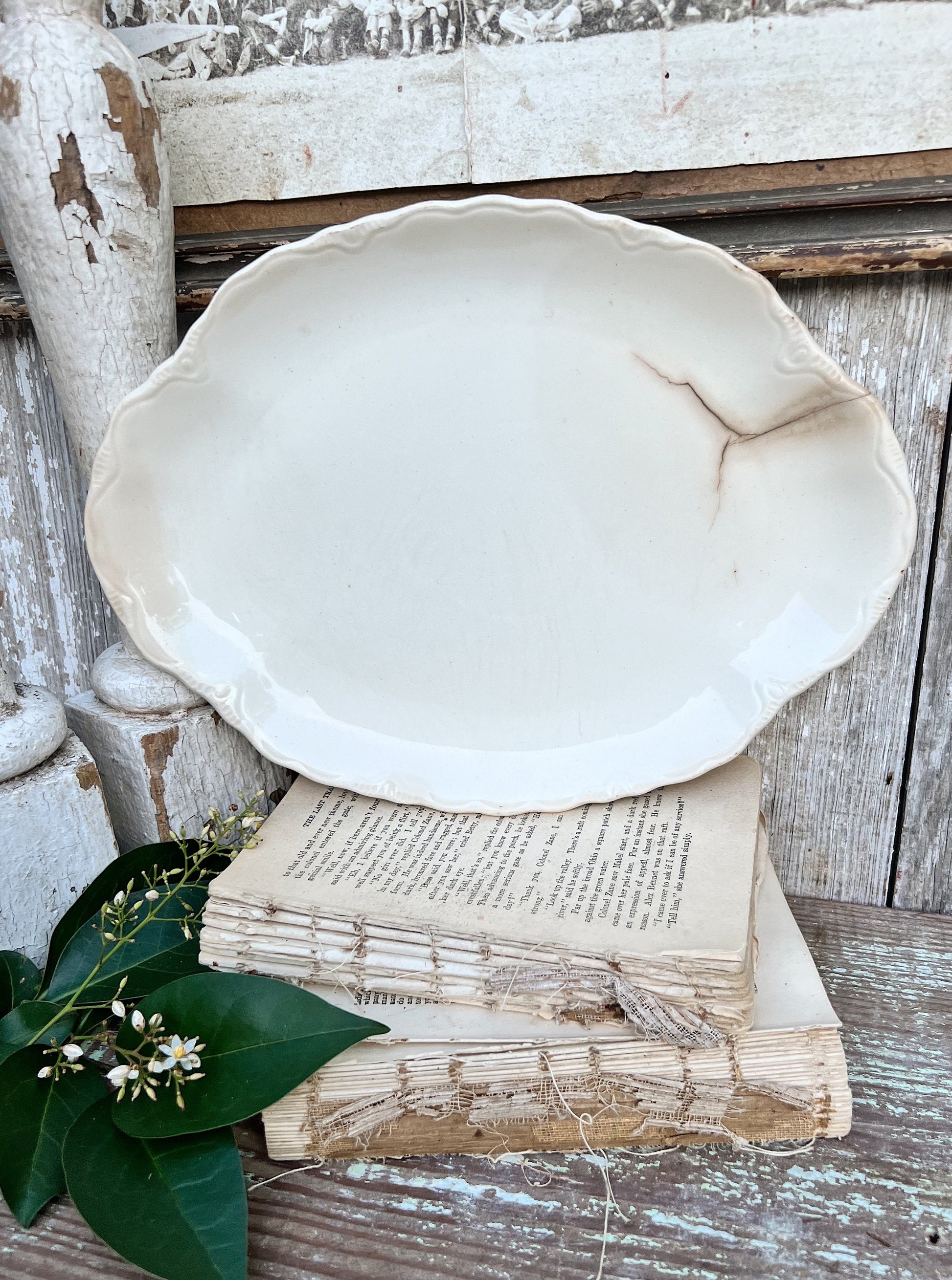 Antique White Ironstone Platter Crazing Grungy Stained Farmhouse Decor Scallop USA