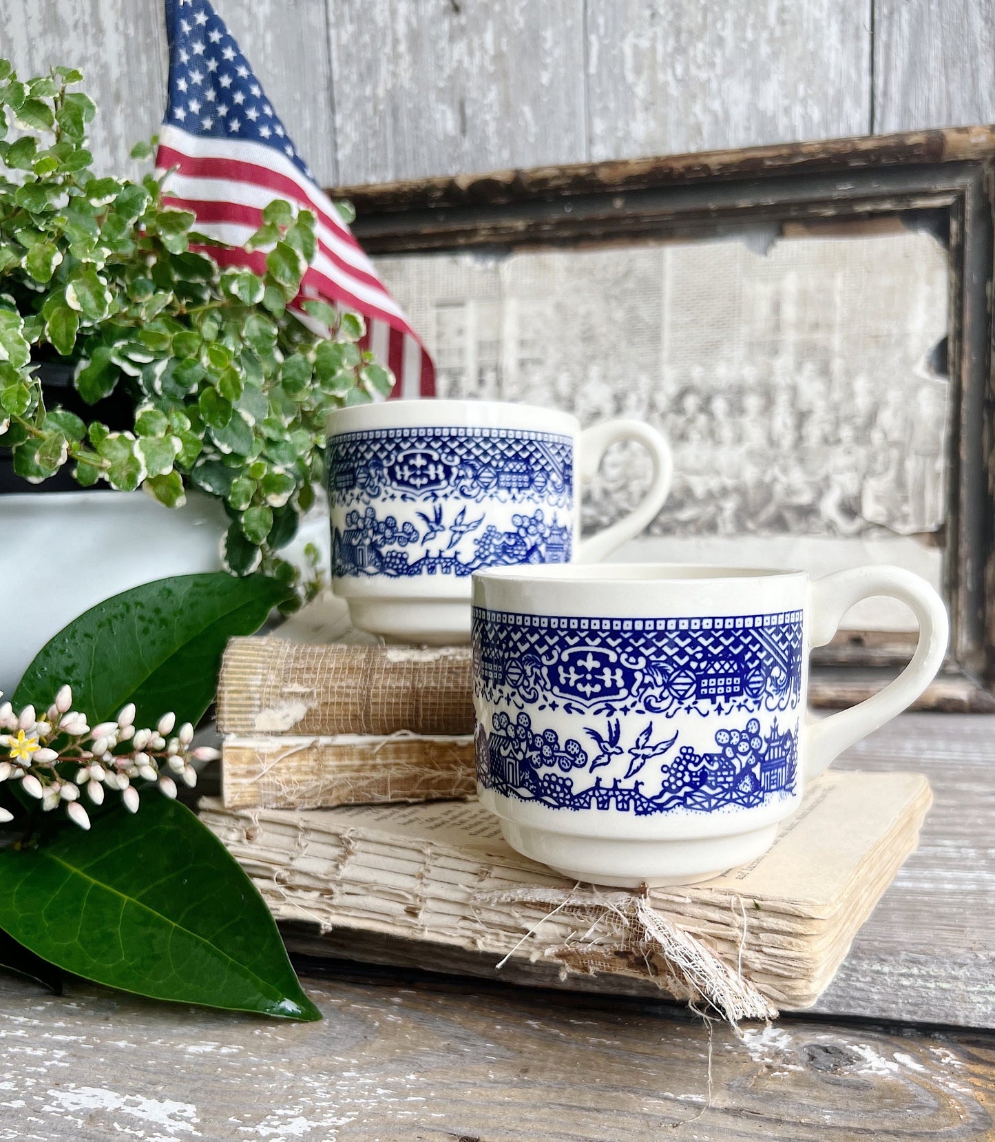 Vintage USA White Ironstone Coffee Cups Blue Transferware Stackable Farmhouse Decor AMERICANA Flo Blue Willow