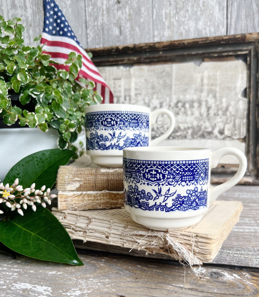 Vintage USA White Ironstone Coffee Cups Blue Transferware Stackable Farmhouse Decor AMERICANA Flo Blue Willow