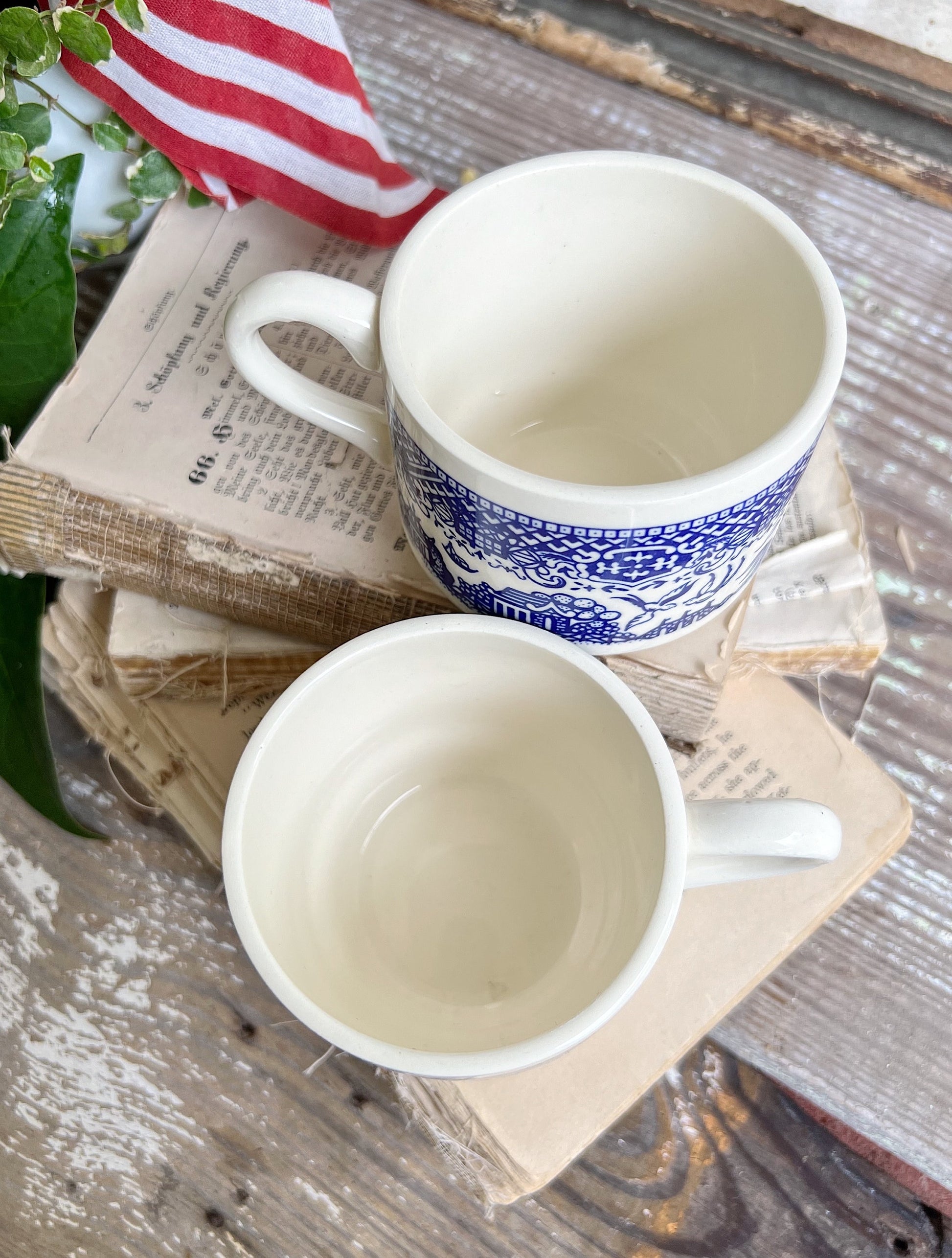 Vintage USA White Ironstone Coffee Cups Blue Transferware Stackable Farmhouse Decor AMERICANA Flo Blue Willow